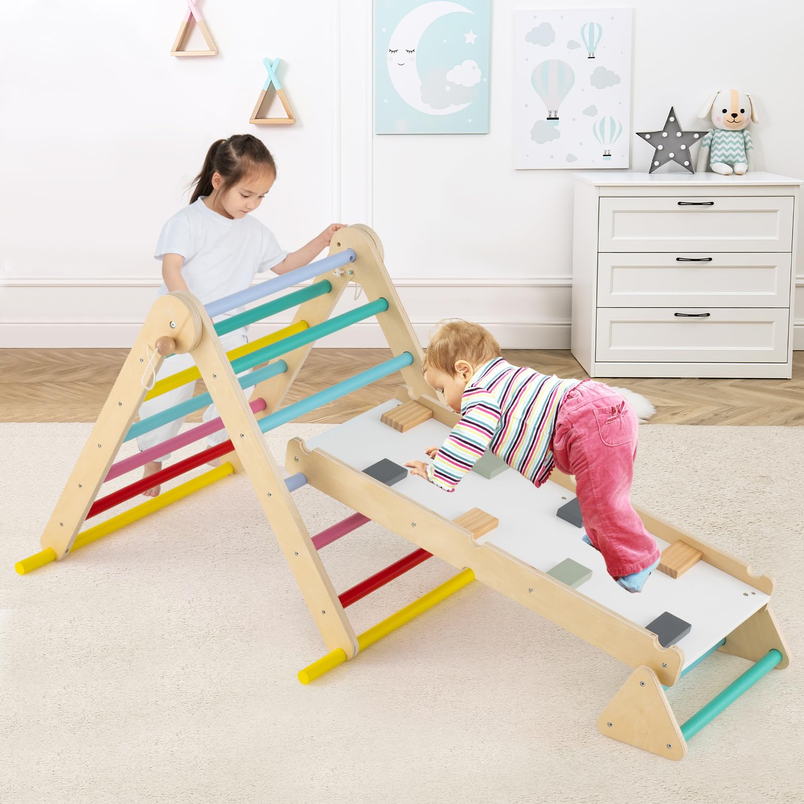 INFANS Pikler Triangle Set 7 in 1 Climbing Toys for Toddlers Foldable Baby Wood Montessori Jungle Gym