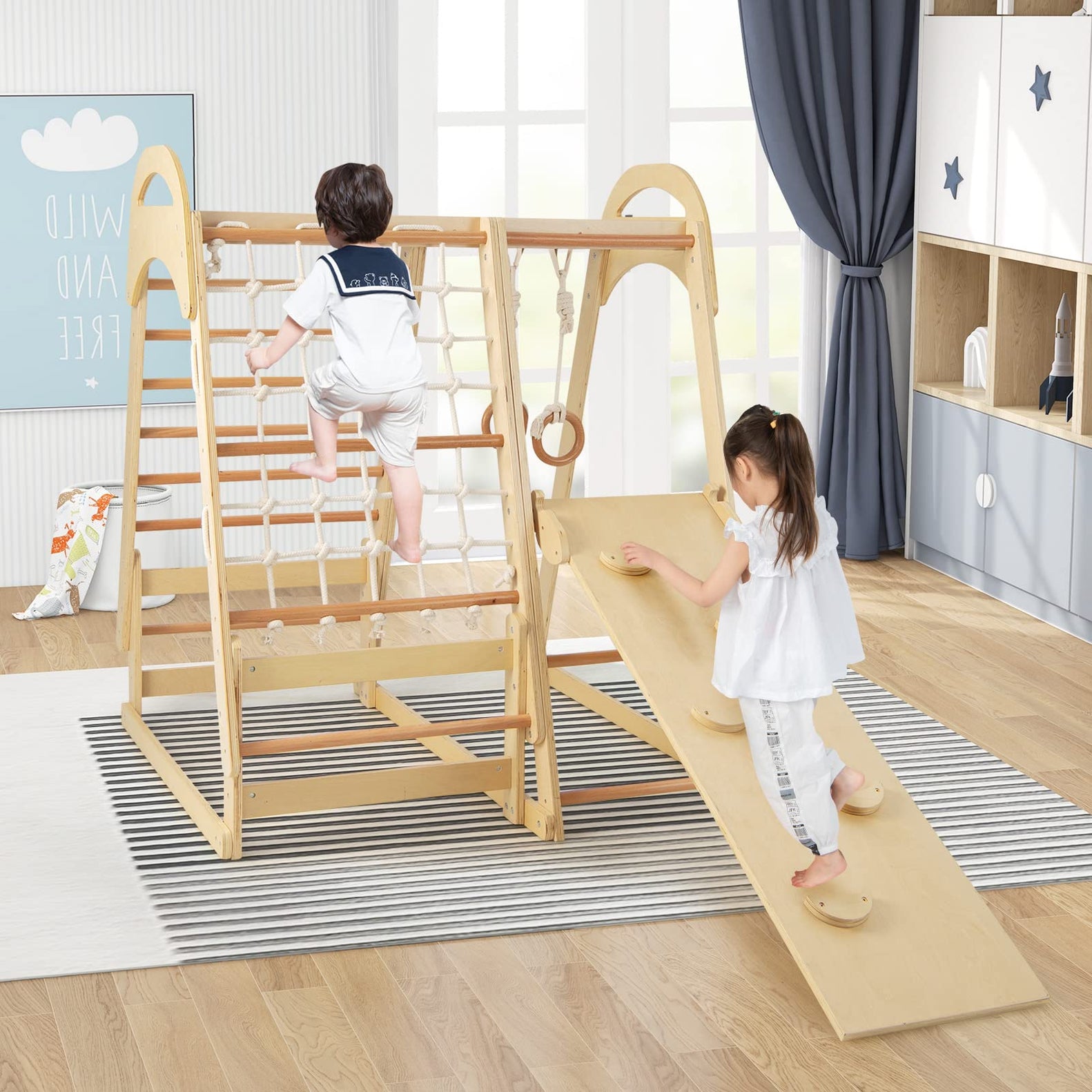 7 in 1 Kids Wooden Montessori Climber Playset with Tent Slide Climbing Rock Climbing Net