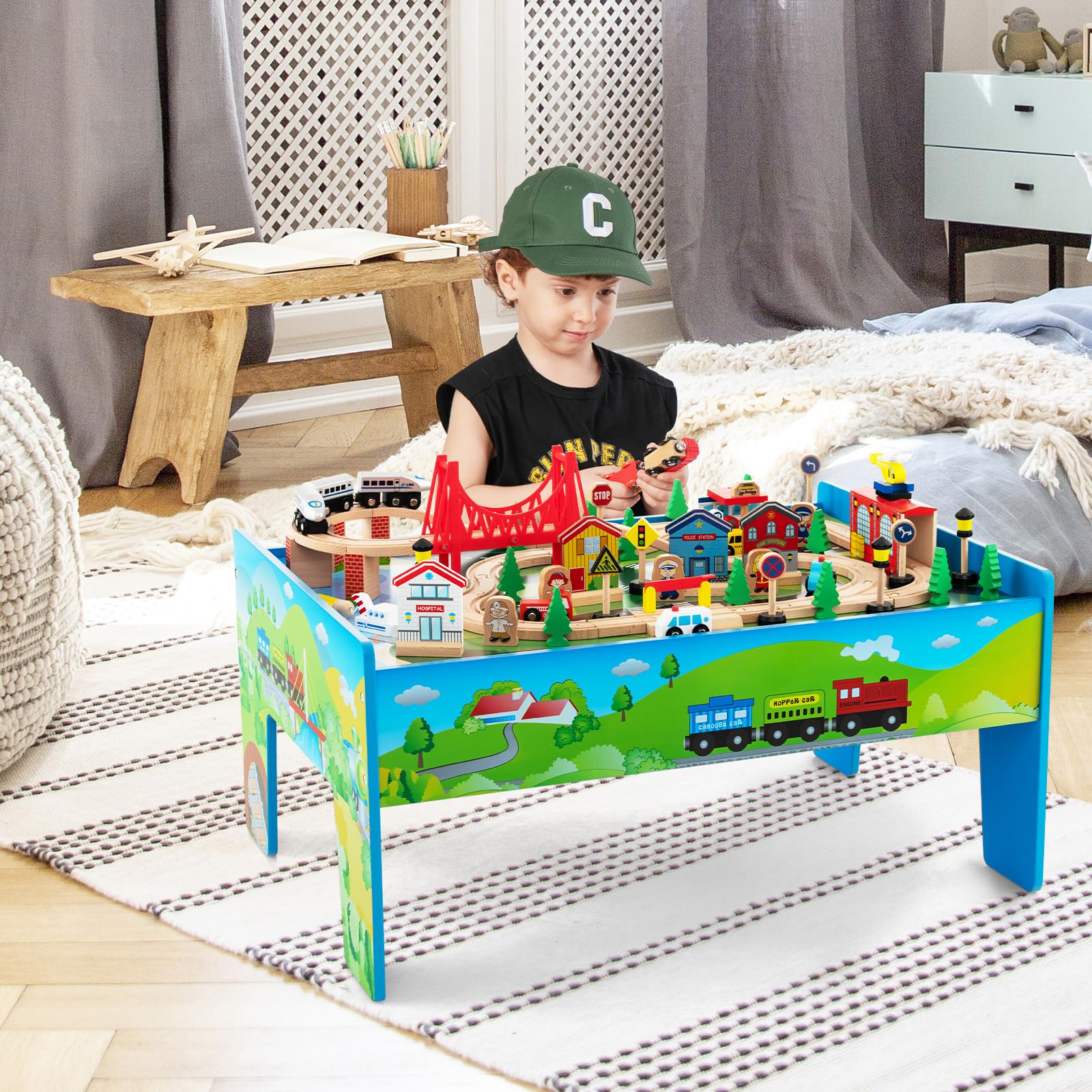 INFANS Train Table, 80 Pieces Wooden Kids Activity Toy Table Playset with Reversible Detachable Tabletop