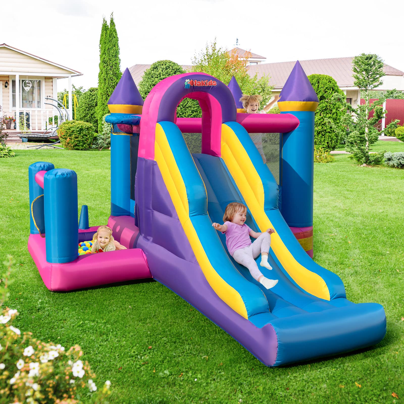 INFANS Inflatable Bounce House, Kids Pink Jumping Castle with Slide, Ball Pit, Climbing Wall, Basketball Rim