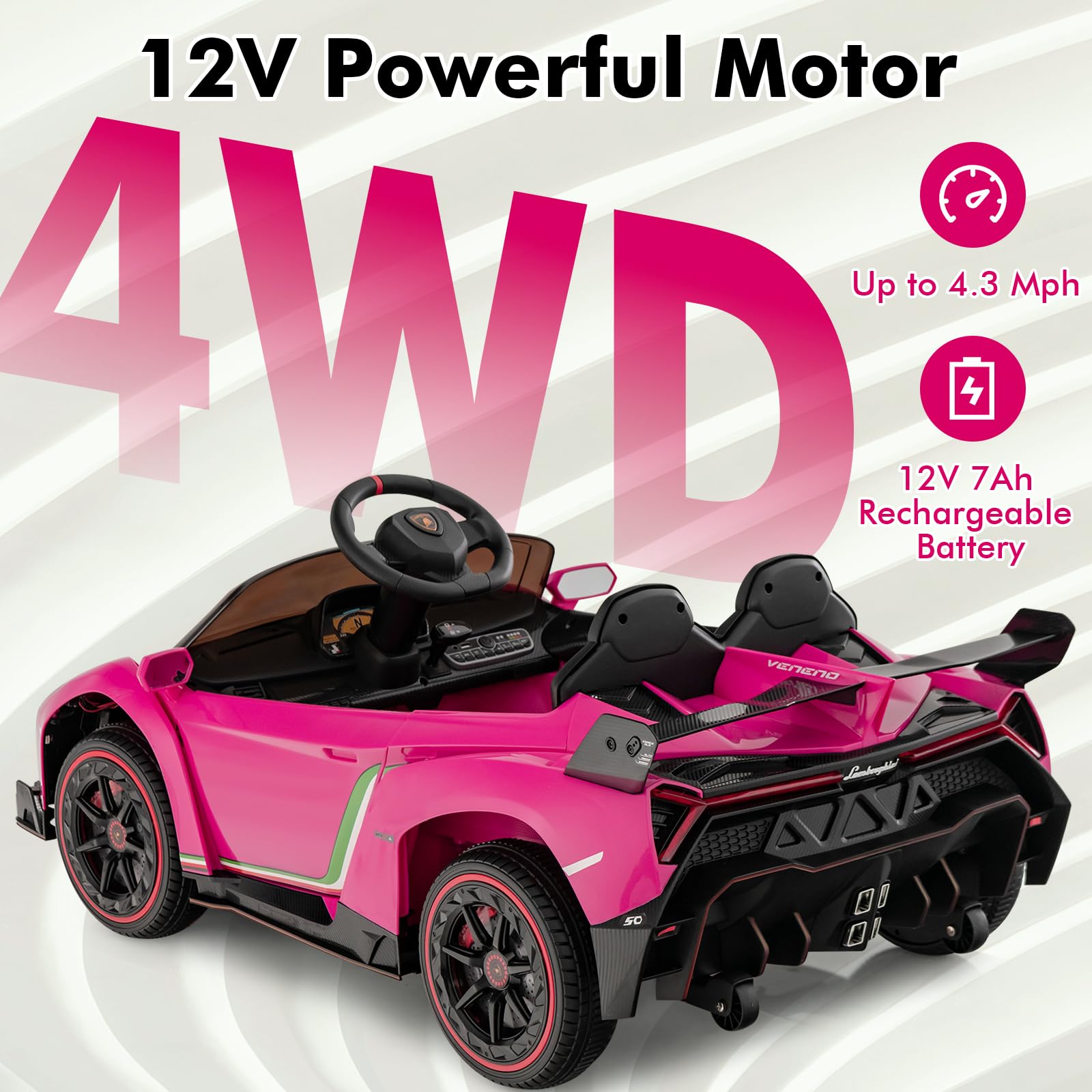 INFANS 2 Seater Kids Ride on Car, 12V 4WD Licensed Lamborghini Veneno Powered Electric Vehicle with Rocking Mode, Remote Control