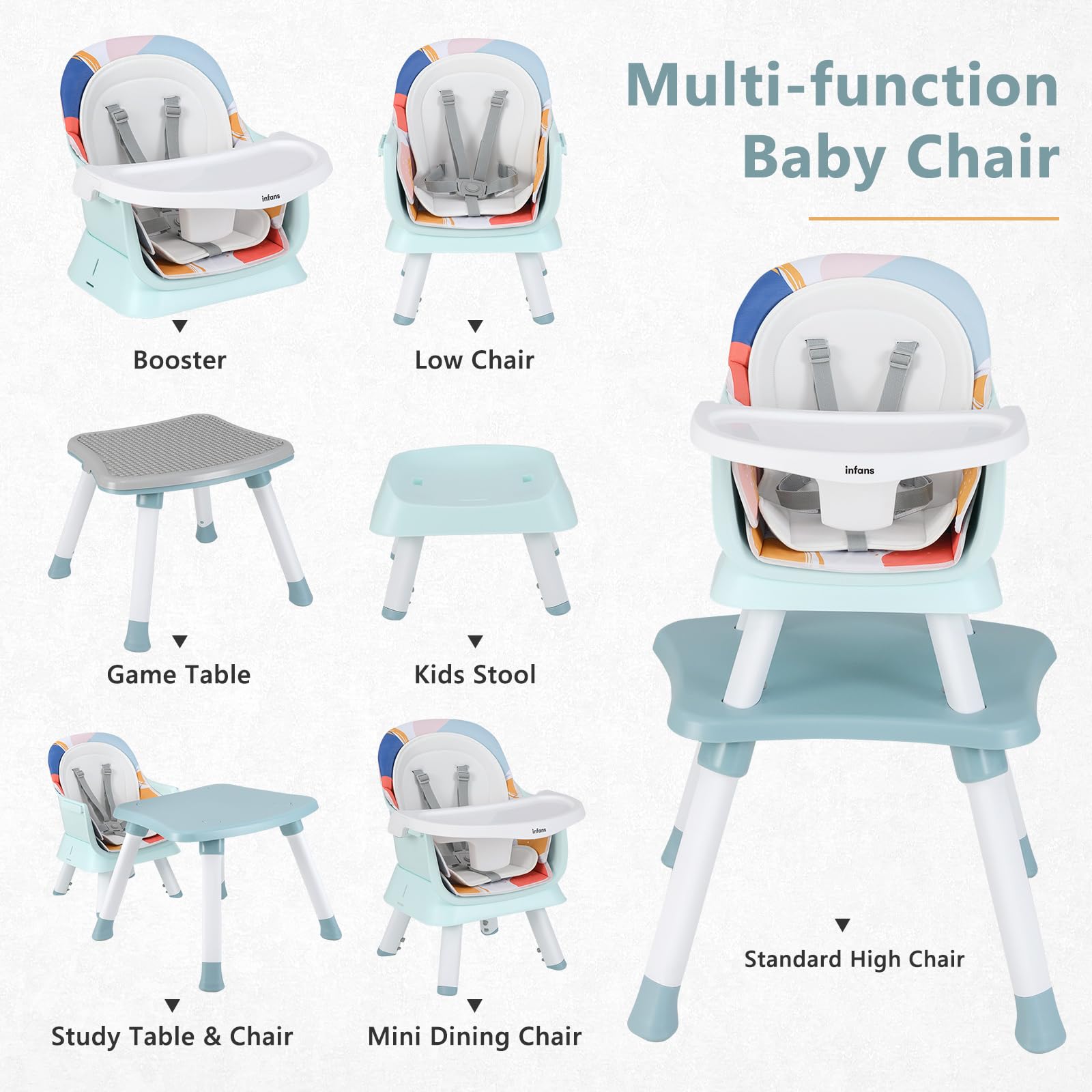 INFANS 8 in 1 Baby High Chair, Convertible Highchair for Babies and Toddlers, Infant Dining Booster Seat, Kids Stool Table Chair Set