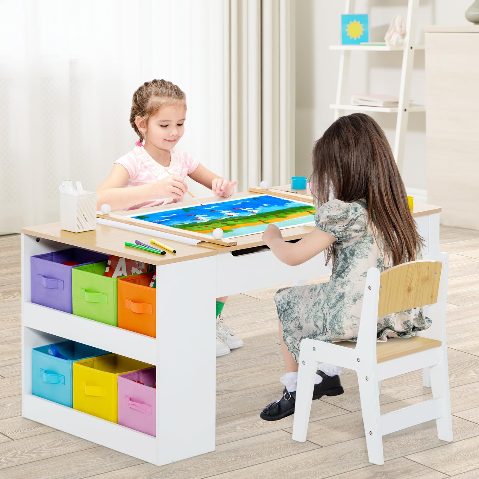 INFANS 3 in 1 Kids Art Table and Chair Set, Toddler Craft Play Wood Activity Desk with 2 Chairs Storage Canvas Bins