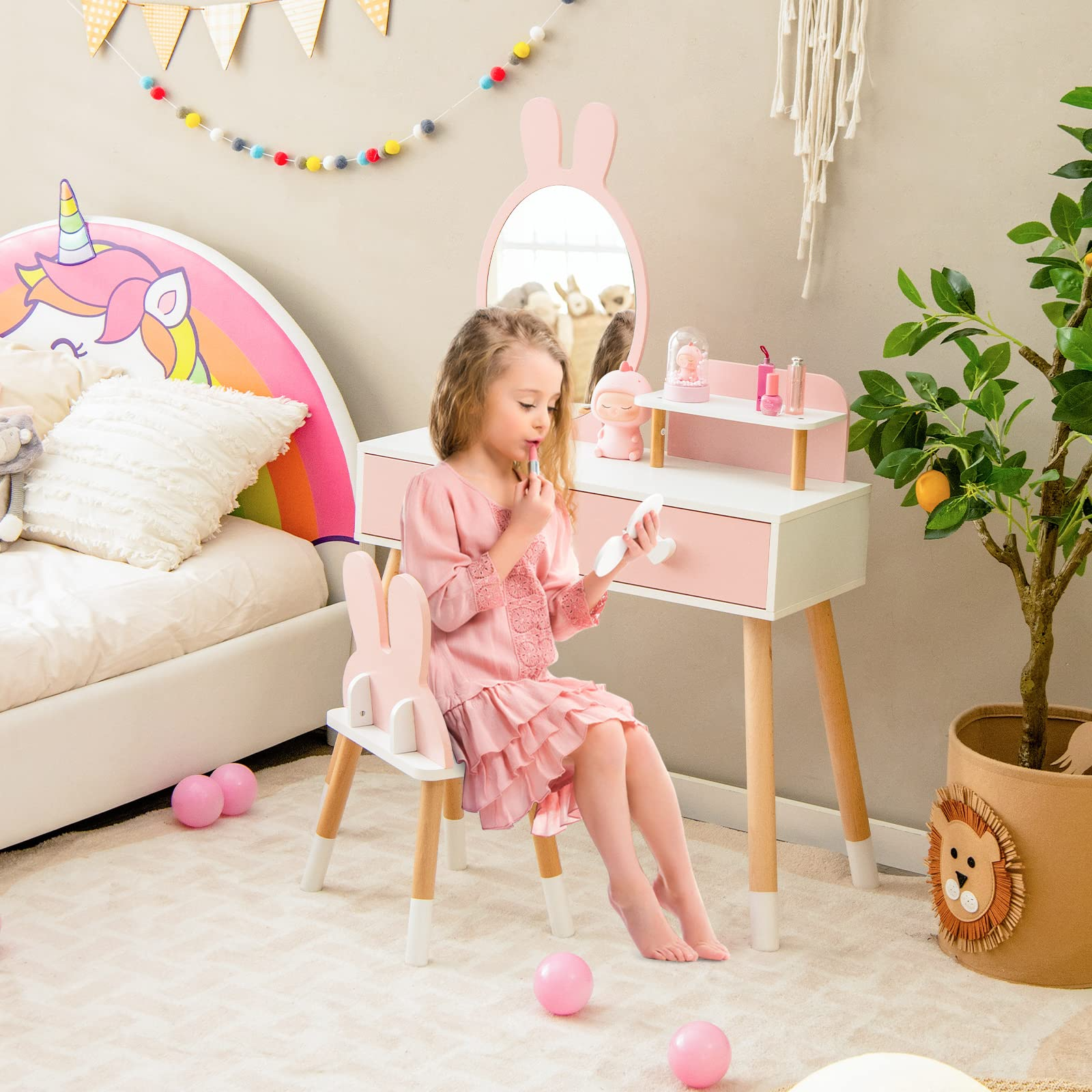 INFANS Kids Vanity Set, 2 in 1 Wooden Princess Makeup Table and Chair with Mirror