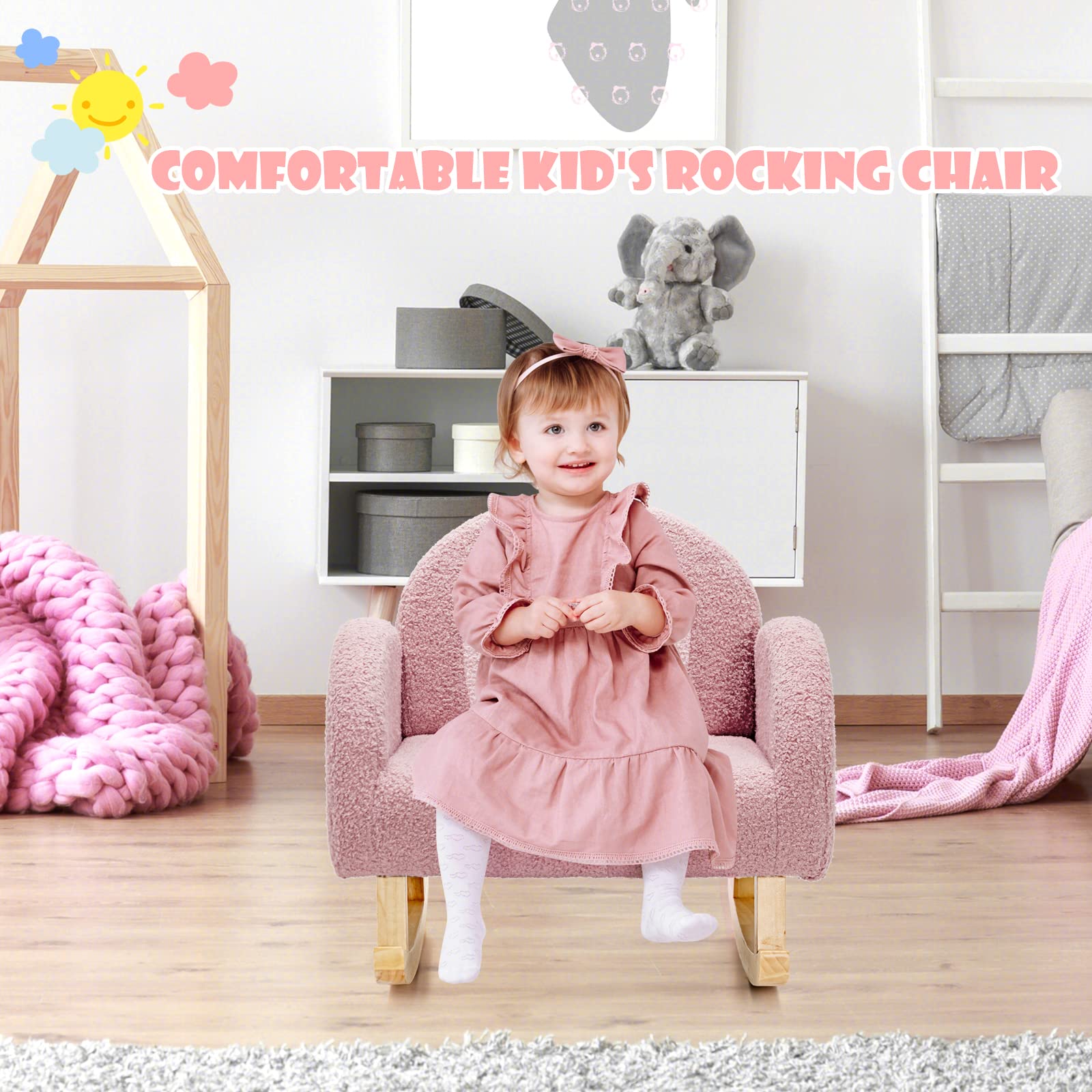 INFANS Kids Sofa, Toddler Rocking Chair with Solid Wooden Frame, Anti-Tipping Design, Plush Fabric, Children Armchair INFANS