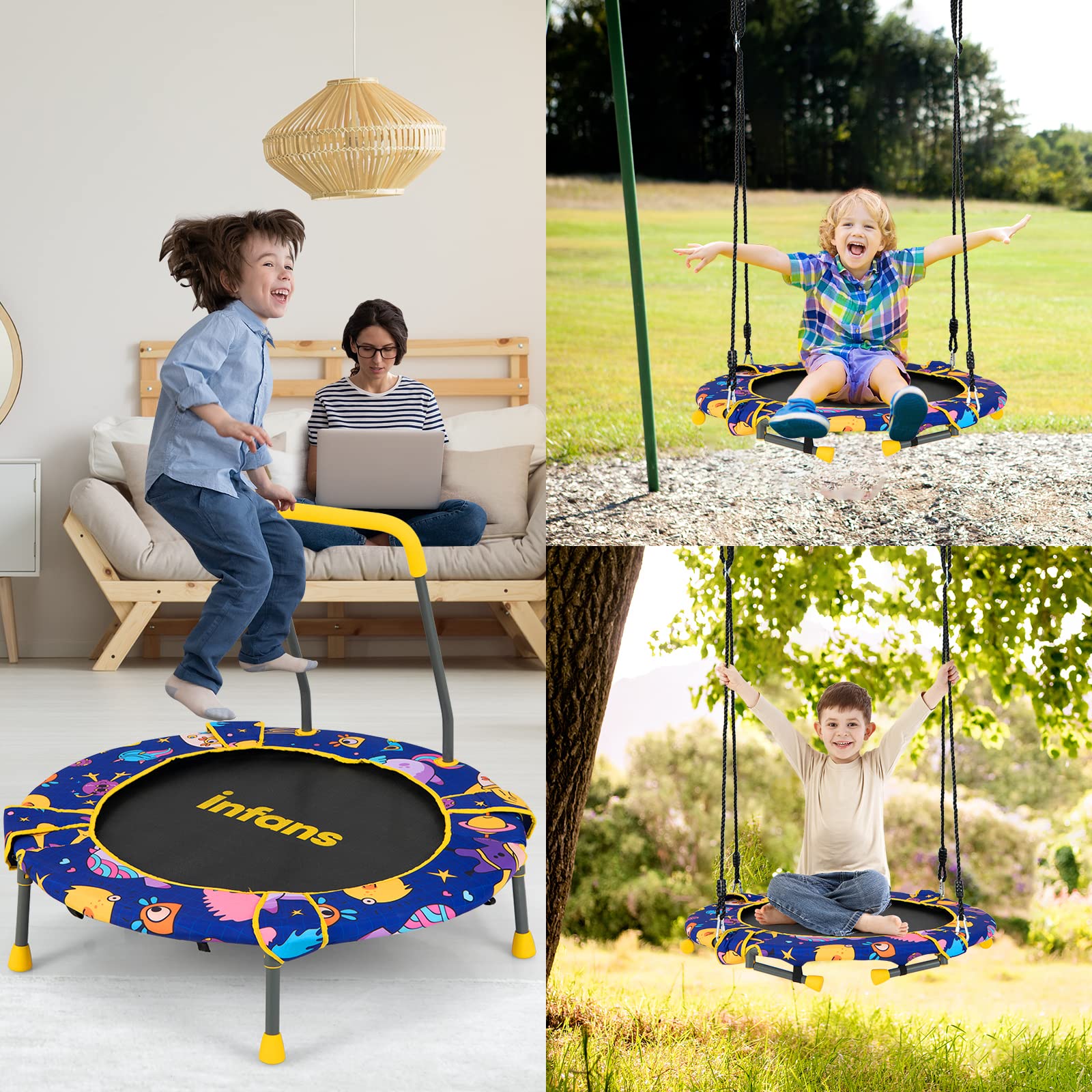 INFANS 2 in 1 Swing and Trampoline Combo, 36 Inch Foldable Hammock Saucer Tree Swing Bouncer