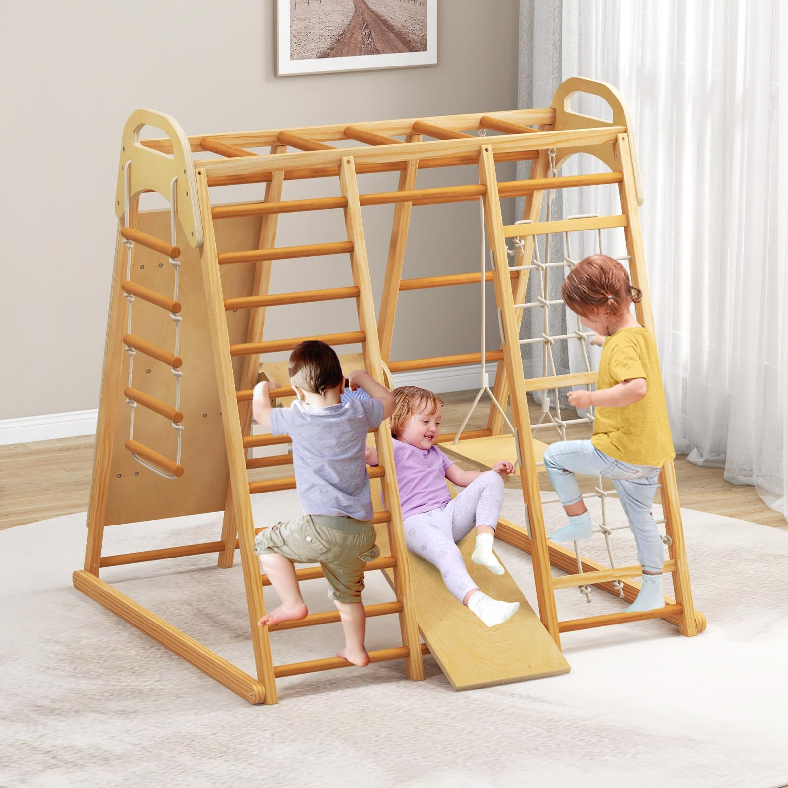 INFANS 8 in 1 Climbing Toys for Toddlers, Kids Wood Montessori Climber Playset, Indoor Playground Jungle Gym