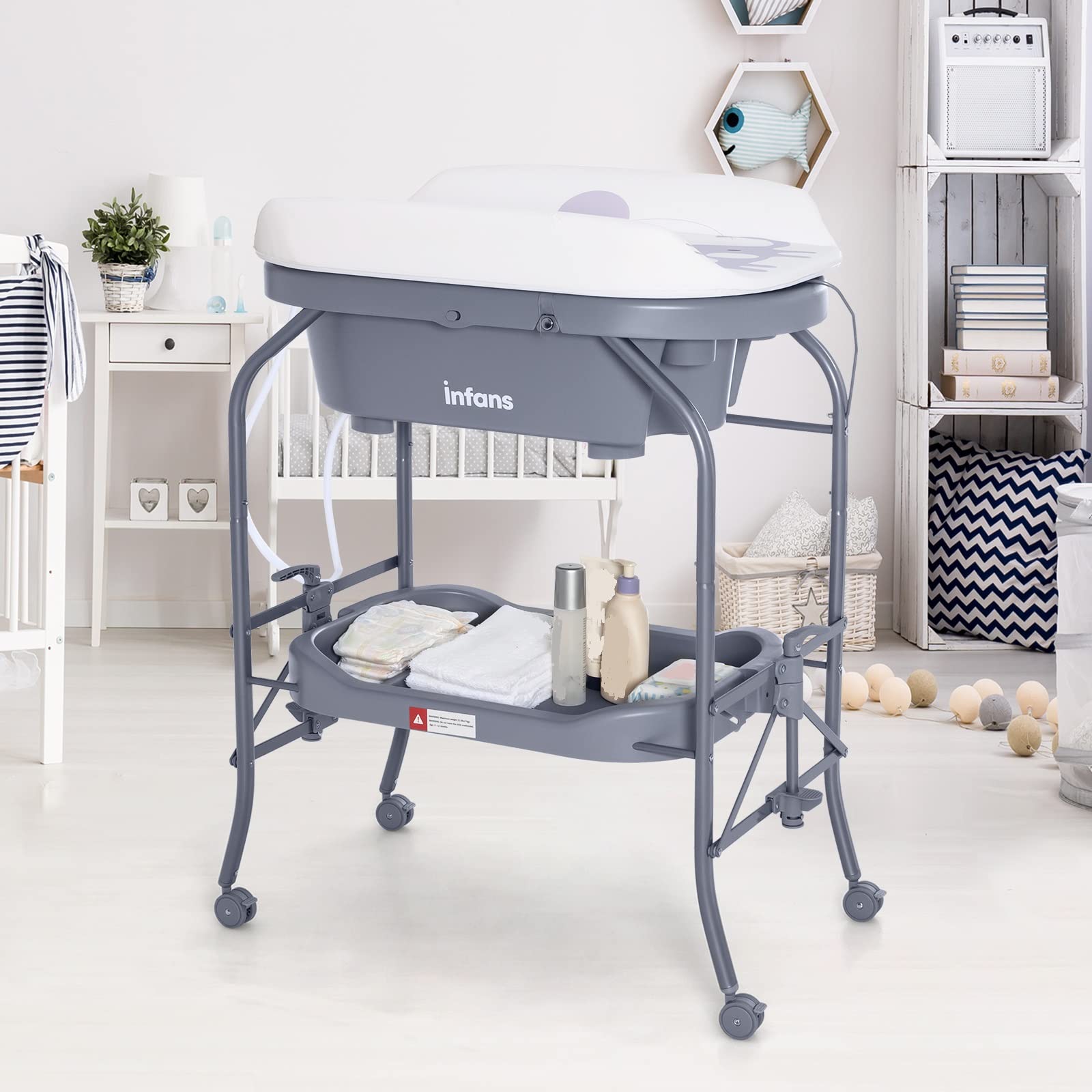 INFANS 2 in 1 Baby Changing Table with Bath Tub Unit, Folding Diaper Dresser Station with Wheels Waterproof Pad