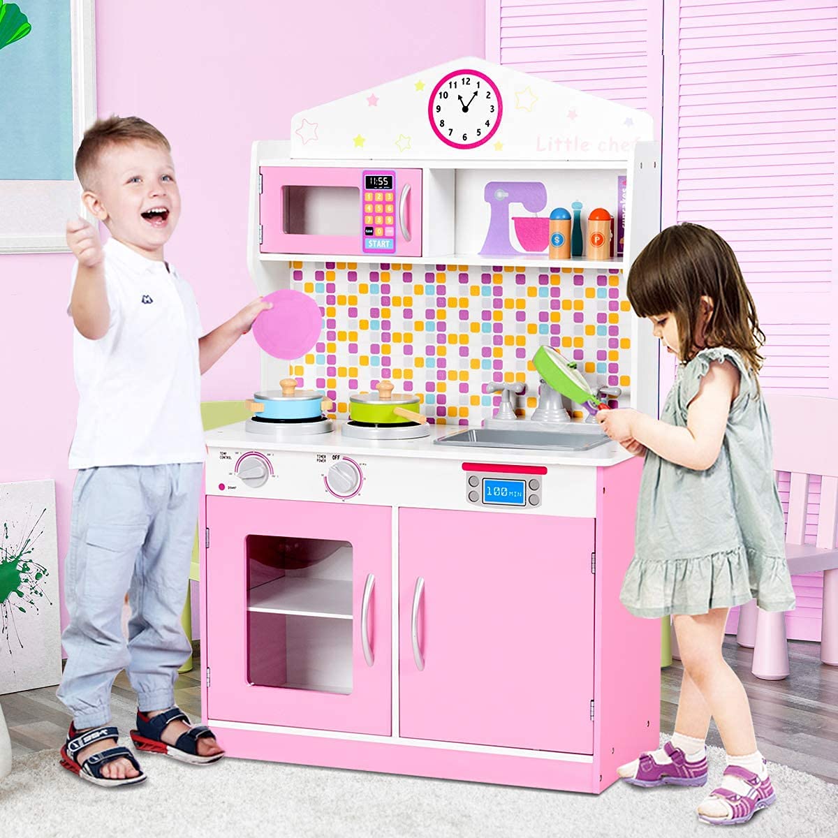 Pink Kids Kitchen Playset Wooden Pretend Cooking Food Set for Toddlers with Cookware