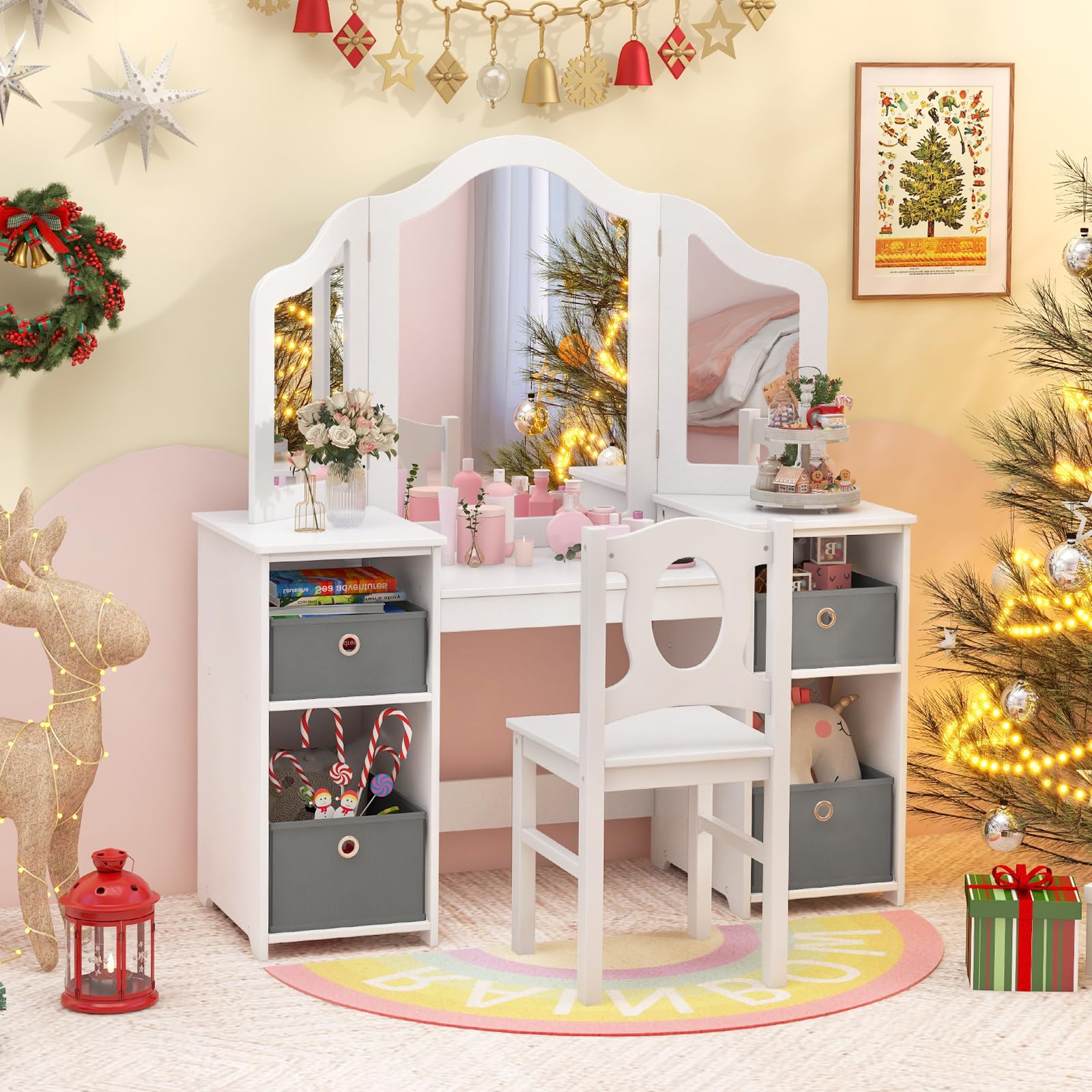 INFANS Kids Vanity, 2 in 1 Princess Makeup Desk and Chair Set with 4 Drawers Tri-Folding Detachable Mirror, Wooden Dressing Table