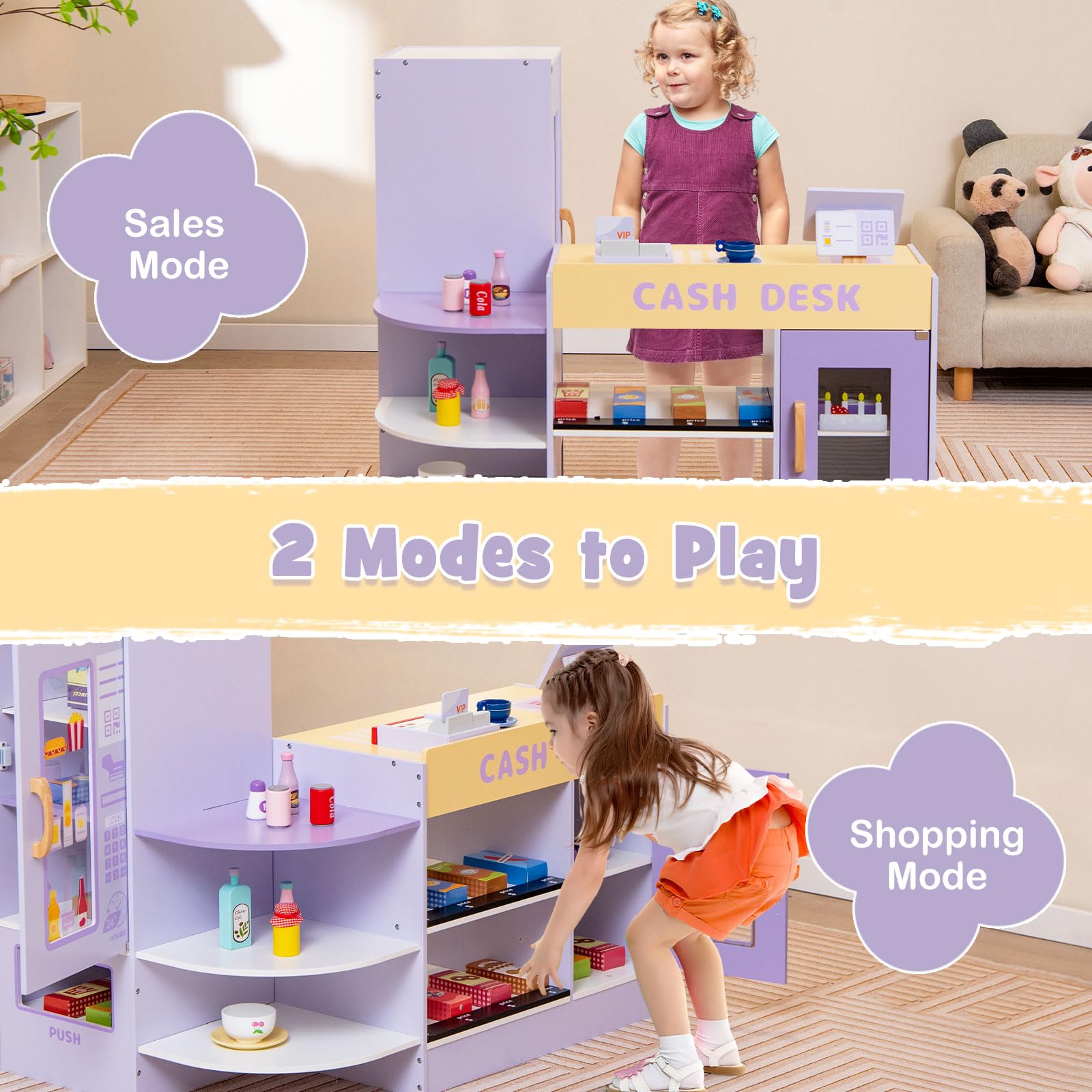 INFANS Kids Grocery Store Playset, Wooden Supermarket Toy Set with Cash Register, Vending Machine, Pretend Play Store