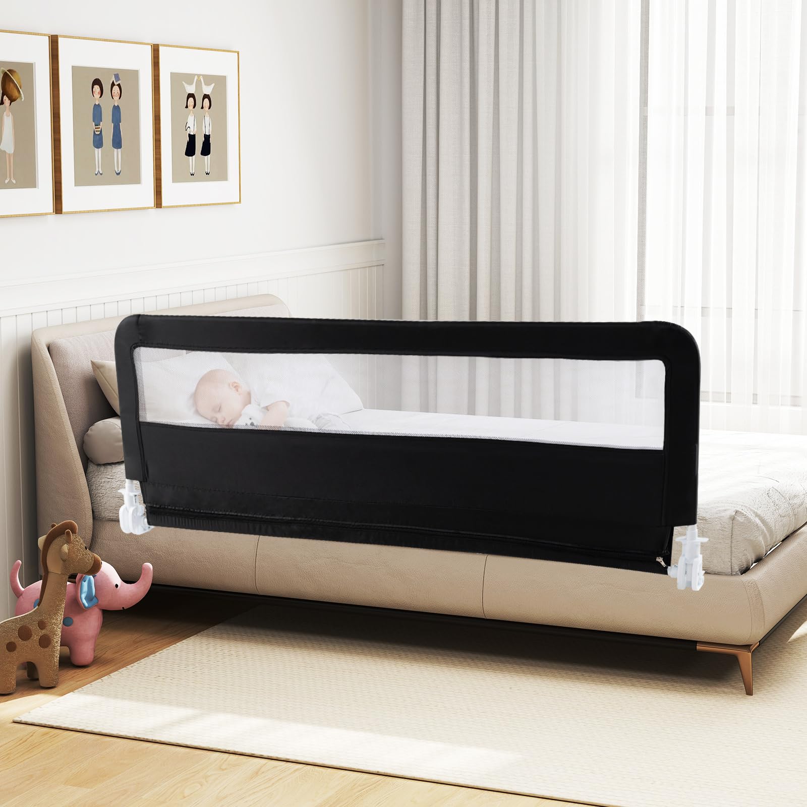 INFANS Bed Rail for Toddlers, 59" Foldable Safety Baby Crib Rail Fit for Kids Twin, Extra Long Swing Down Bed Guardrail for Convertible Crib, Queen, Full, King Mattress Side Guard