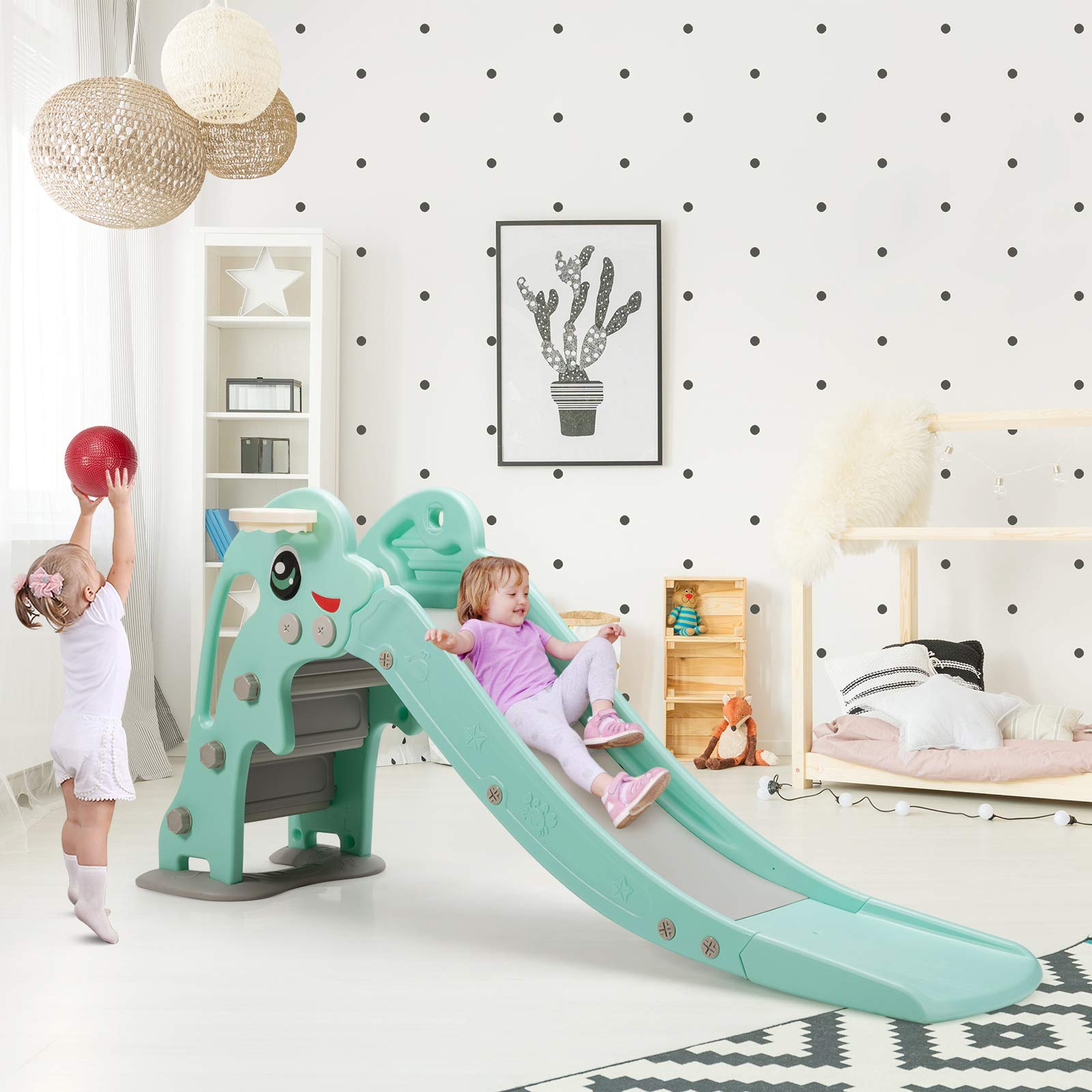 Indoor Outdoor Kids Freestanding Climber Playset with Basketball Hoop and Ball