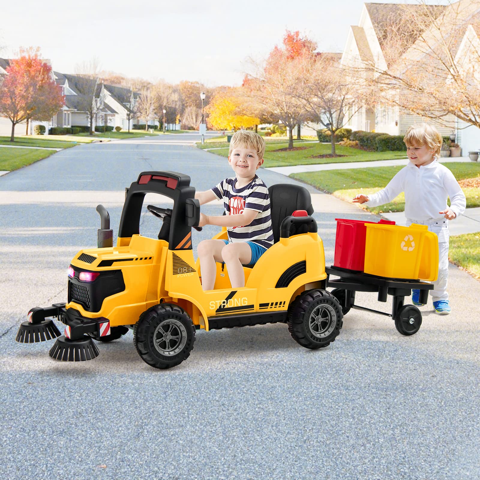 INFANS Ride on Car, 12V 2 in 1 Kids Street Sweeper Truck Electric Vehicle with Remote Control