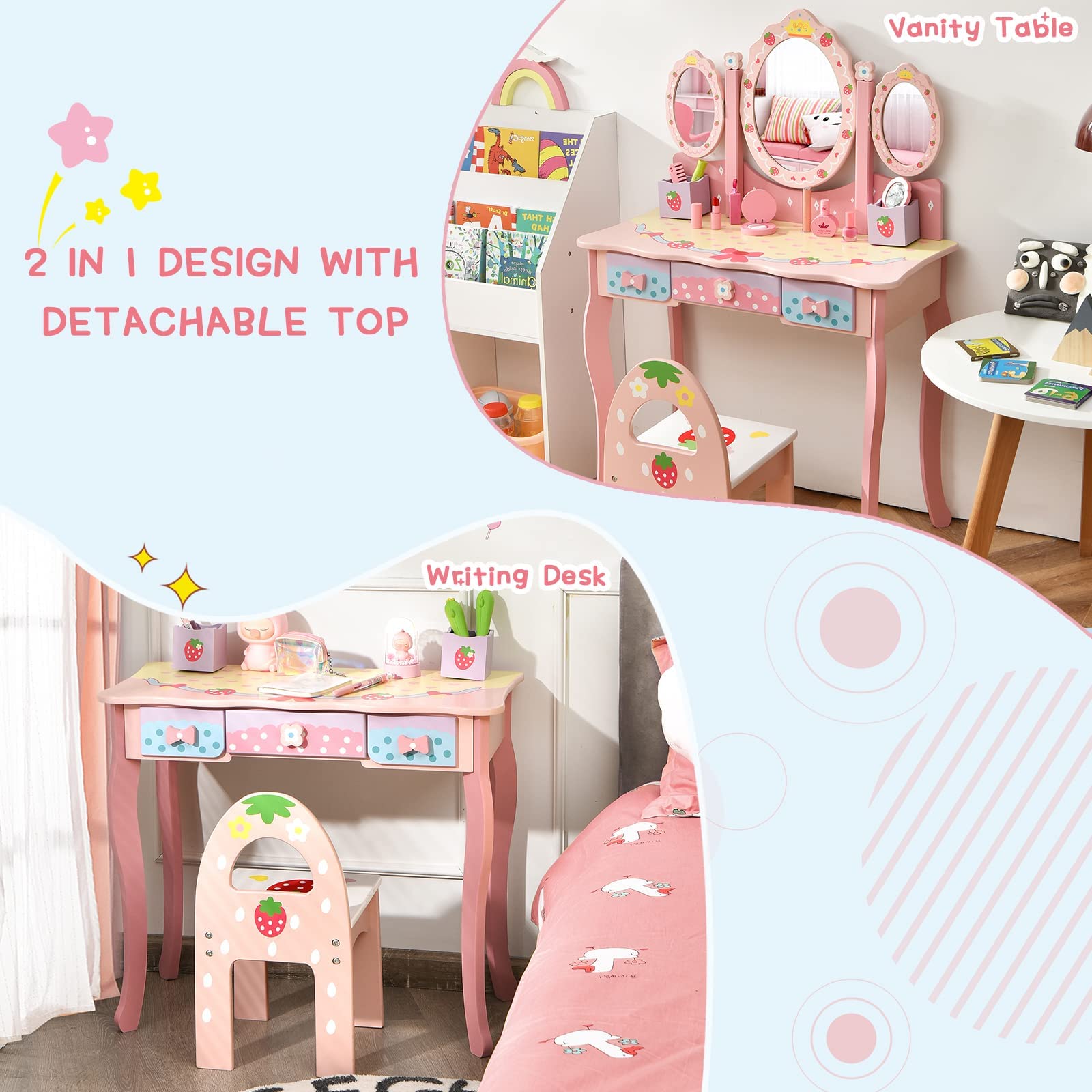 Kids Vanity 2 in 1 Pink Strawberry Wooden Dressing Table and Chair Set