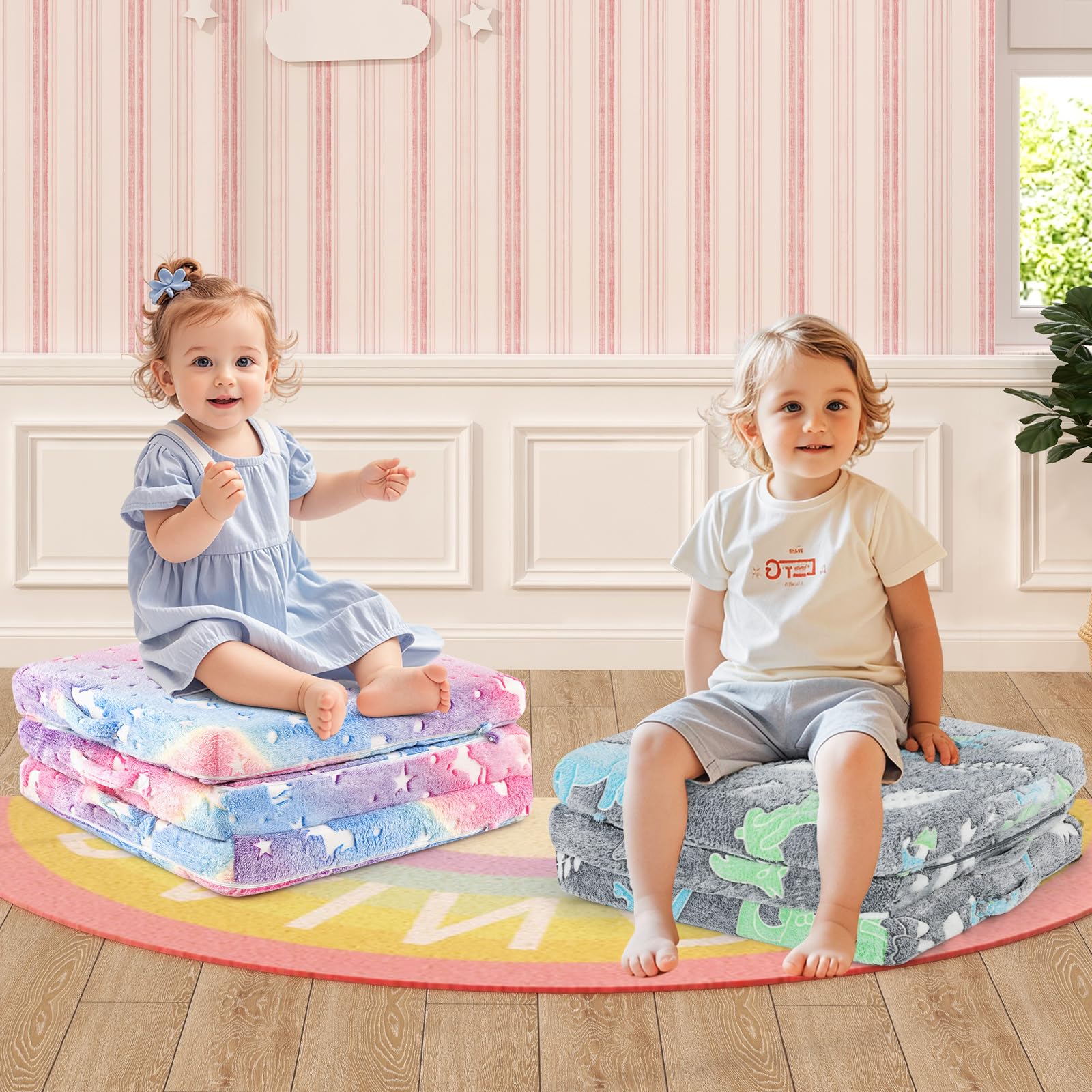 INFANS Foldable Floor Mattress for Kids, Glow in Dark Tri-Folding Nap Mat for Sleeping Daycare, Portable Foam Mattress
