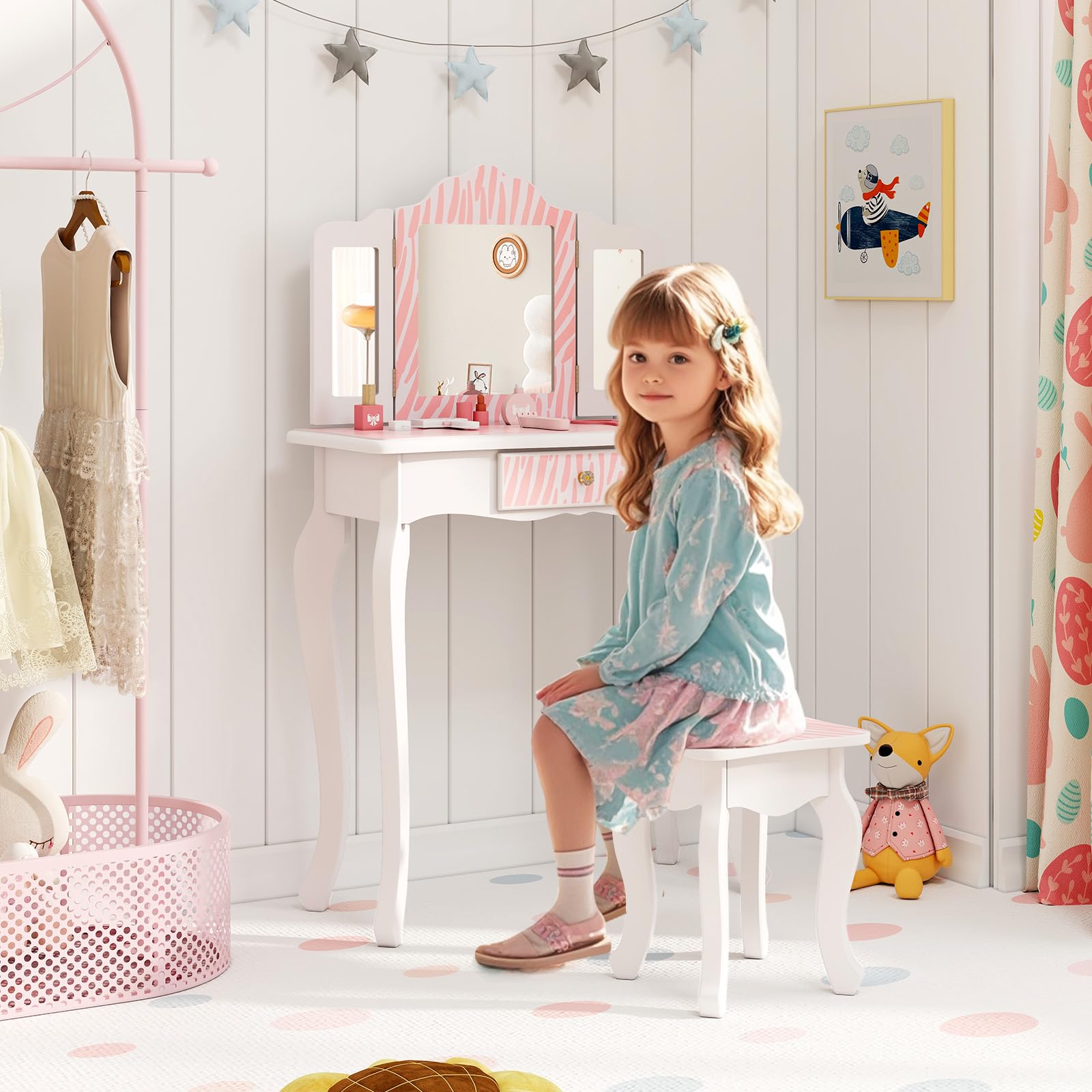 Pink Zebra-Stripe Kids Wooden Vanity Set with Tri-Folding Mirror