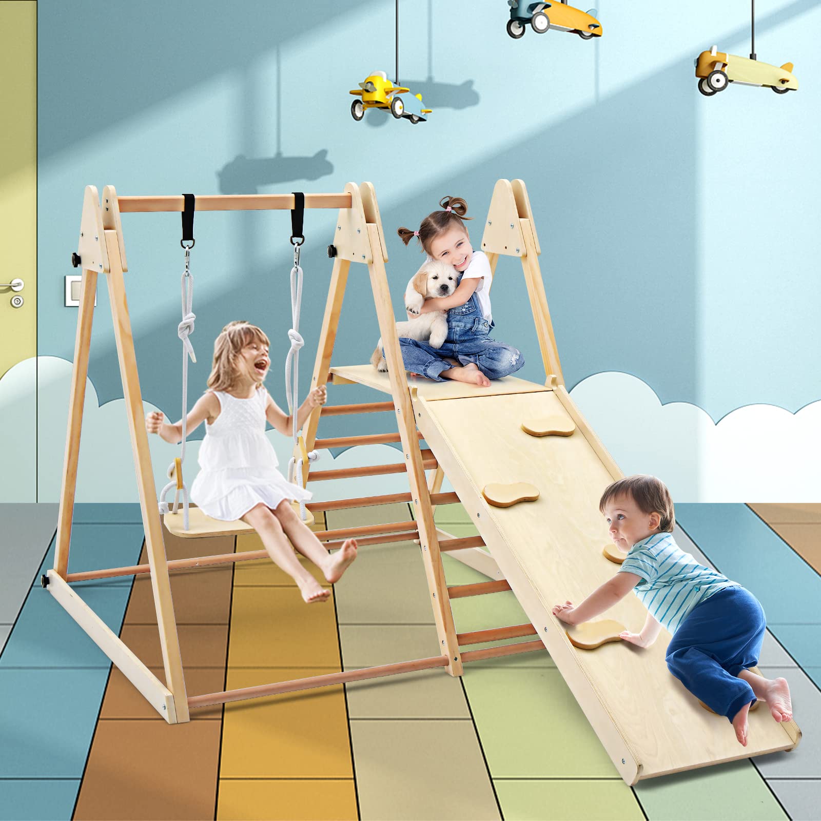 INFANS Climbing Toys for Toddlers, 4 in 1 Foldable Kids Wood Montessori Triangle Set Climber, Indoor Climb Activity