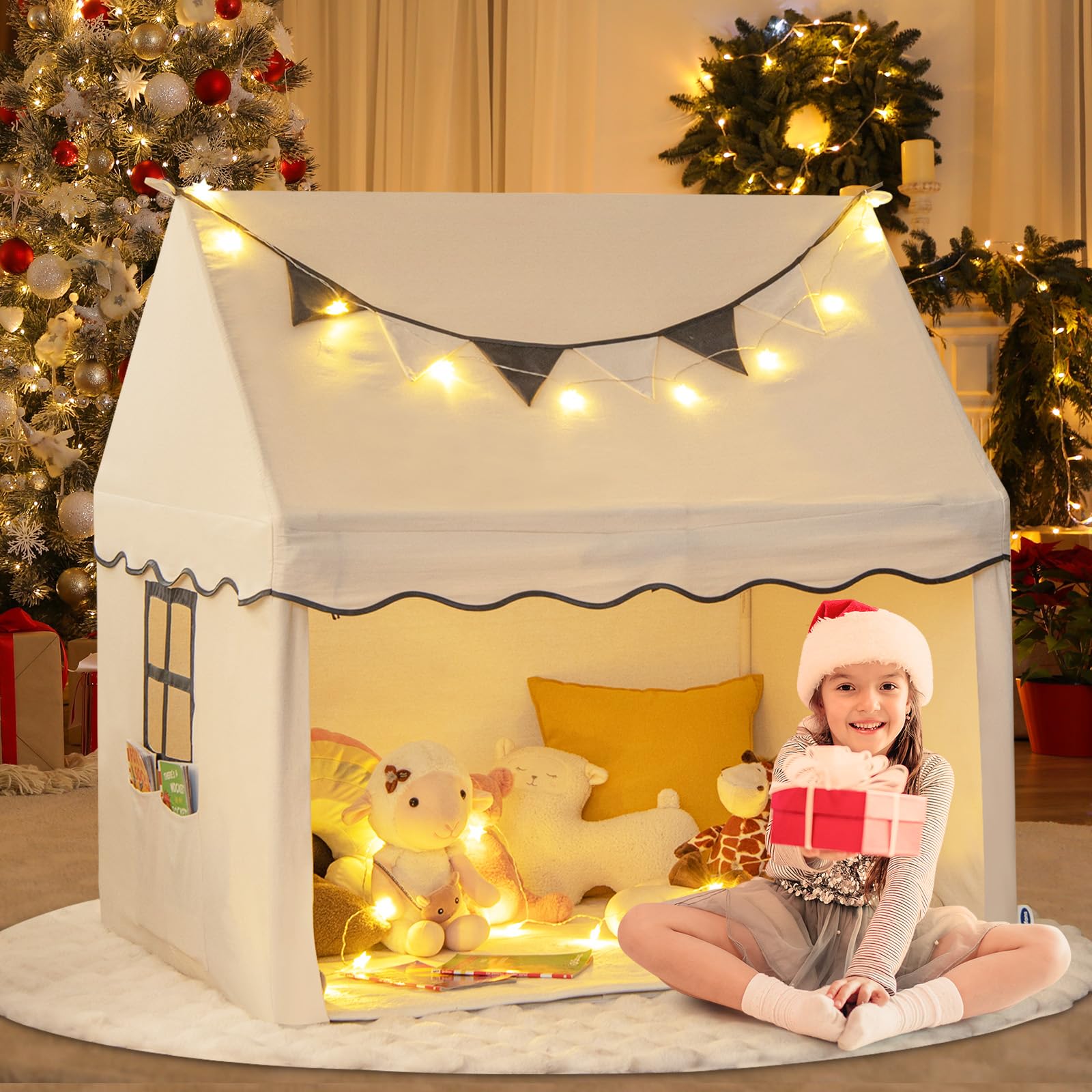 INFANS Kids Play Tent with Washable Mat Star Light Windows, Anti-Trip Large Playhouse Toys, Indoor Outdoor Princess Tents Castle