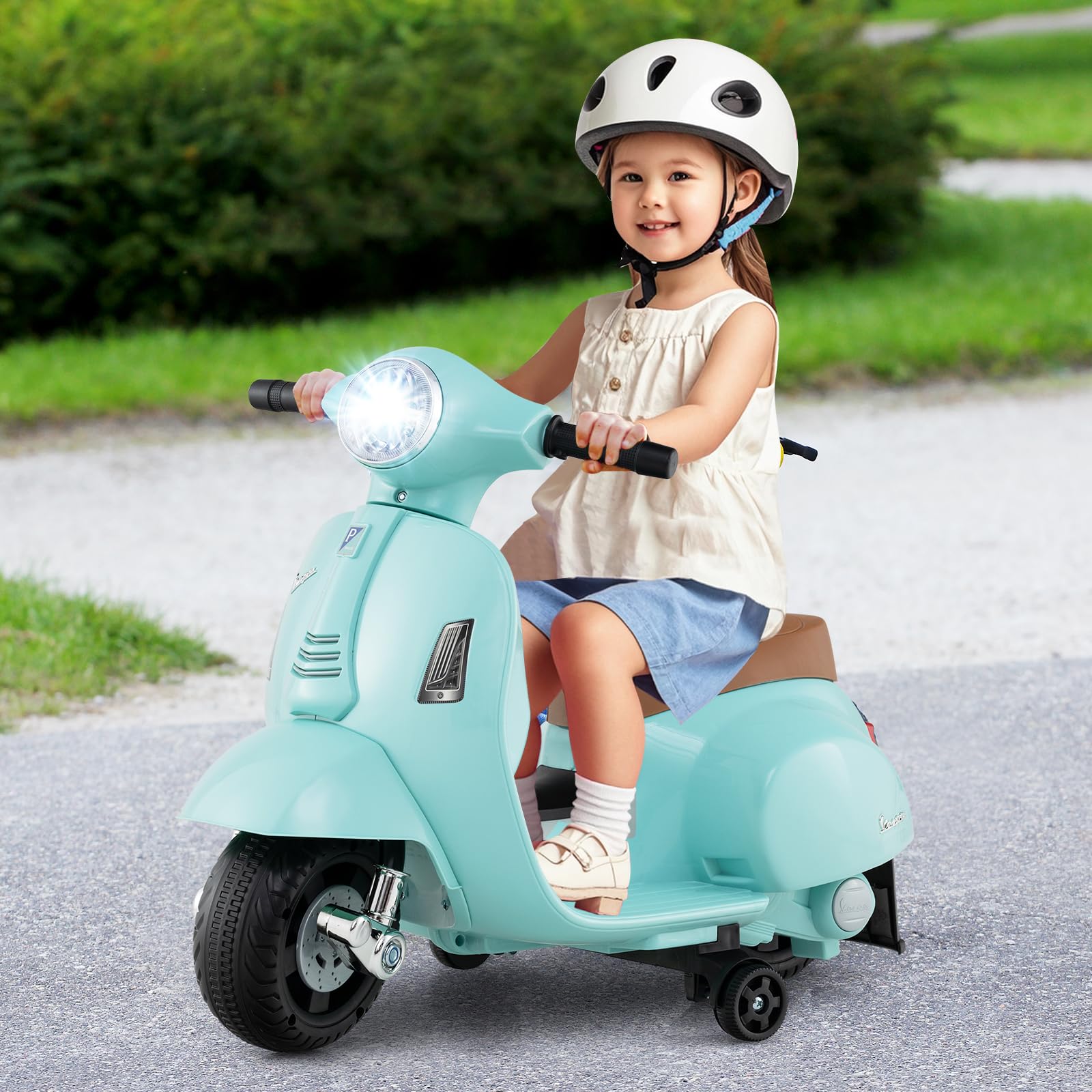 INFANS Licensed Vespa Kids Motorcycle, 6V Battery Powered Motorbike for Toddlers with Training Wheels, Horn, LED Lights