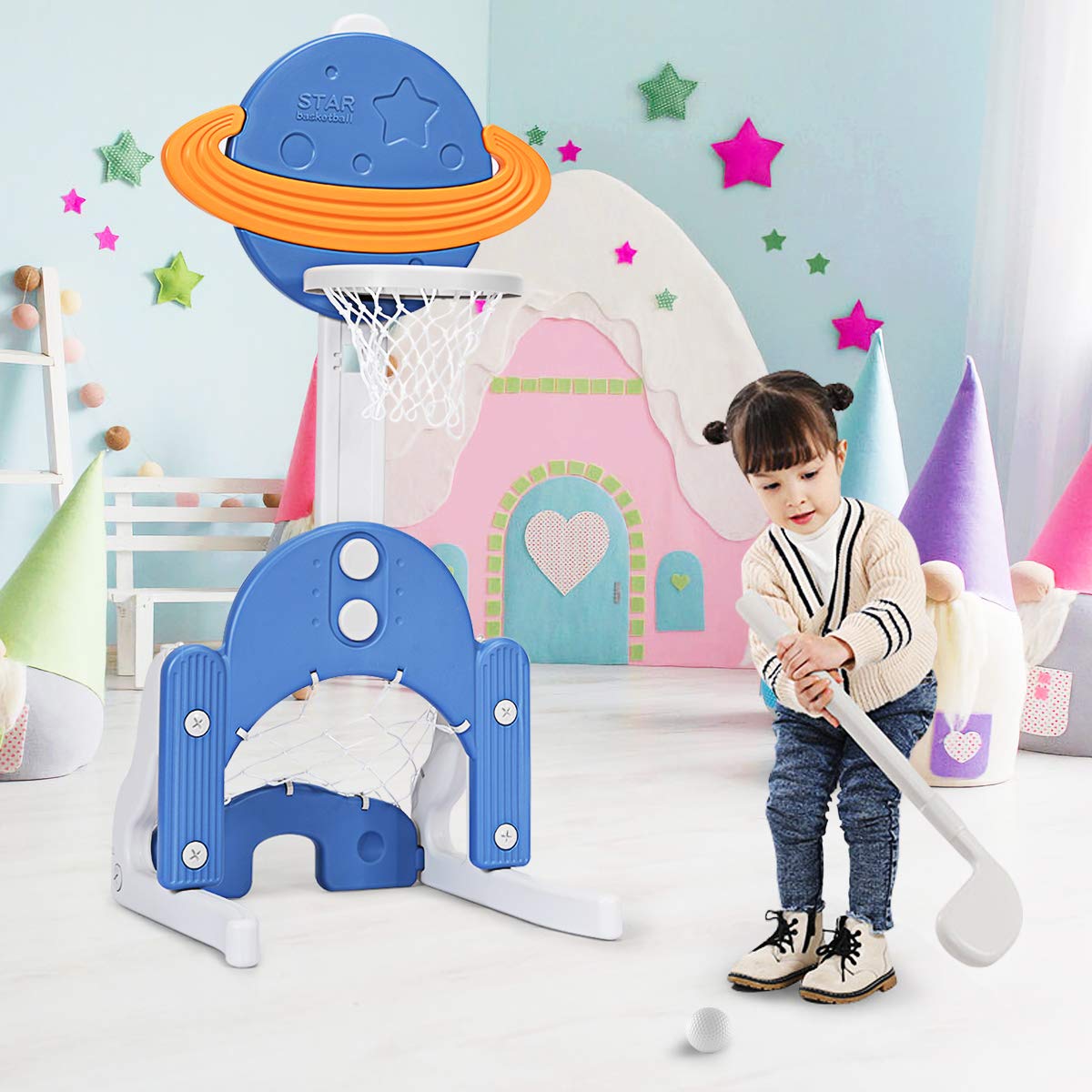 3 in 1 Toddlers Basketball Hoop Stand Adjustable Height Sports Center with Basketball Soccer Golf Game Set