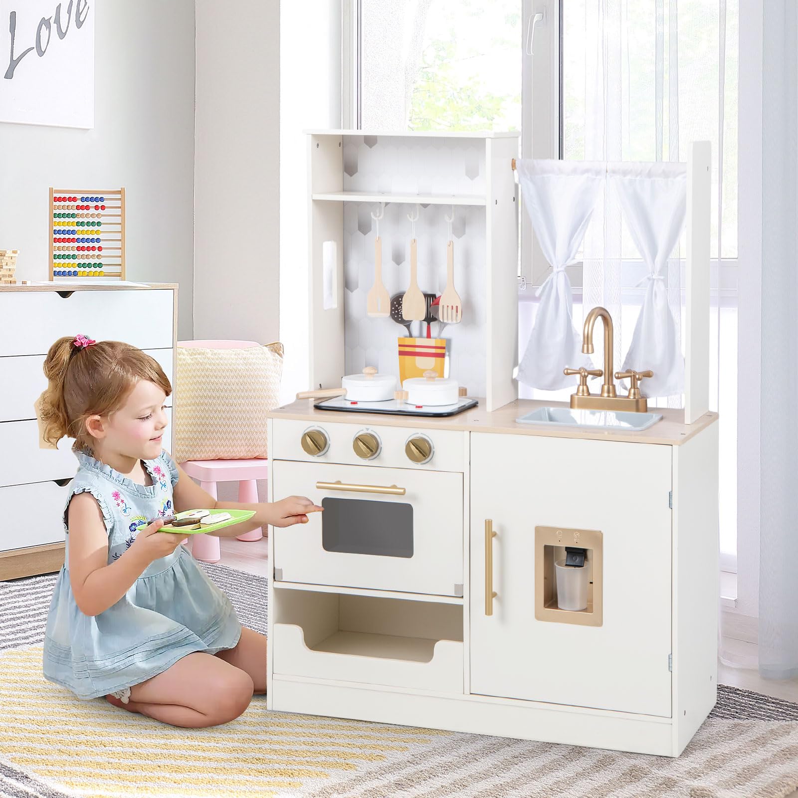 INFANS Kids Kitchen Playset, Toddler Wooden Pretend Cooking Set Microwave, Simulation Play Kitchen Toy for Children