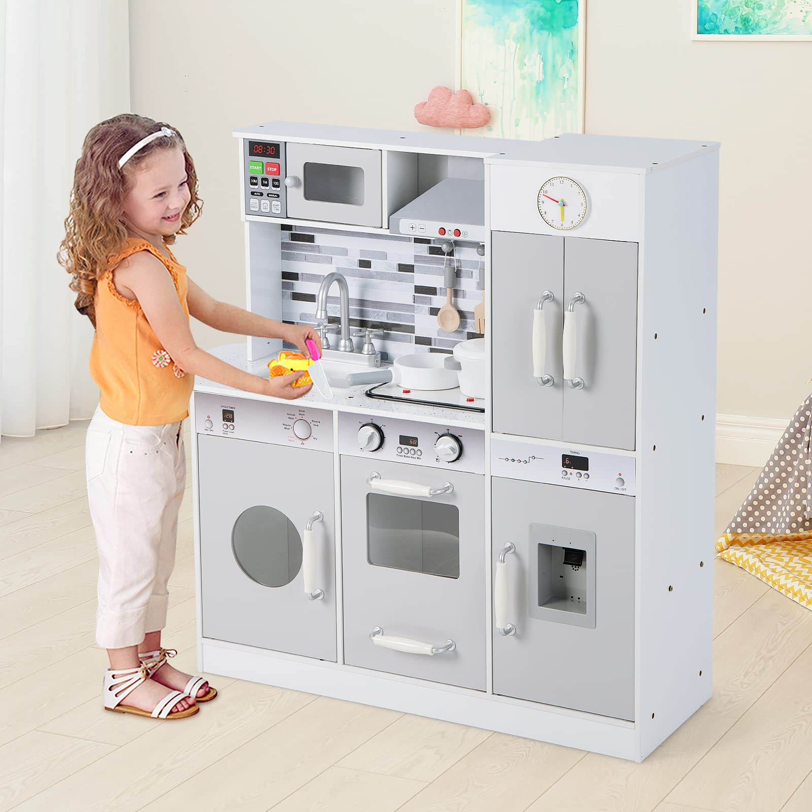 INFANS Kid Kitchen Playset, Pretend Wooden Toddler Kitchen Toy Set, Children Pretend Cooking Set with Accessories