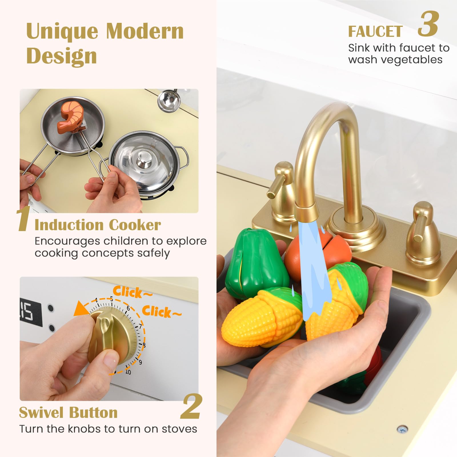 INFANS Kids Kitchen Playset, Toddler Wooden Pretend Cooking Toy Set with Acrylic Drawing Board Ice Machine Dishwasher