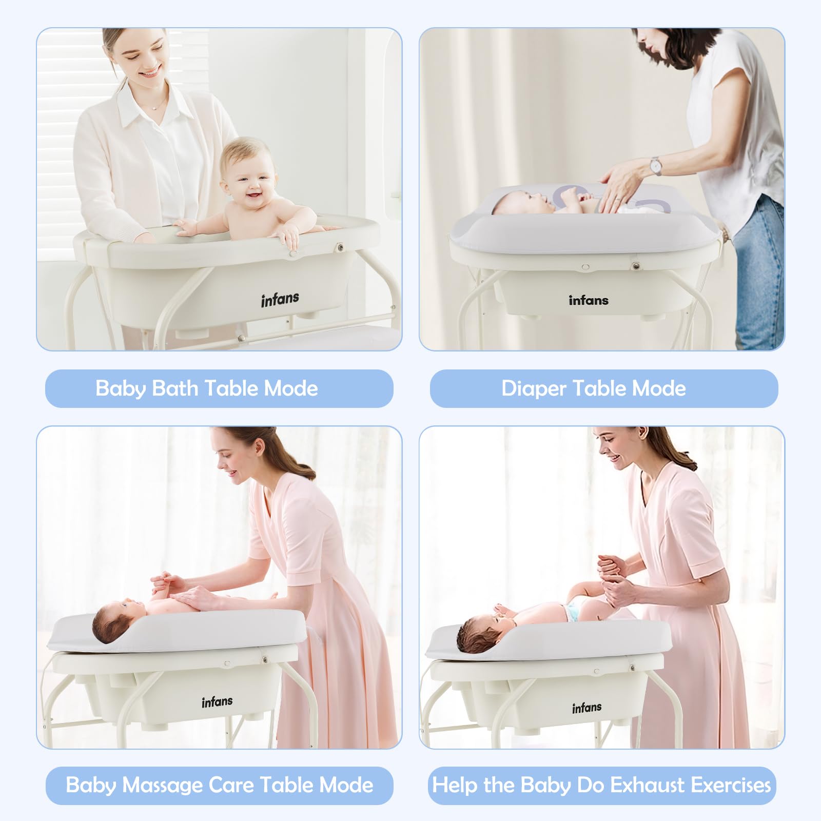 INFANS 2 in 1 Baby Changing Table with Bath Tub Unit, Folding Diaper Dresser Station with Wheels Waterproof Pad