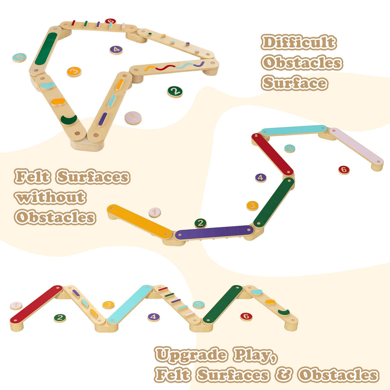 INFANS Wooden Balance Beam Stepping Stones for Kids, Montessori 12 Piece Obstacle Felt Course Gymnastics Toy for Playroom Indoor