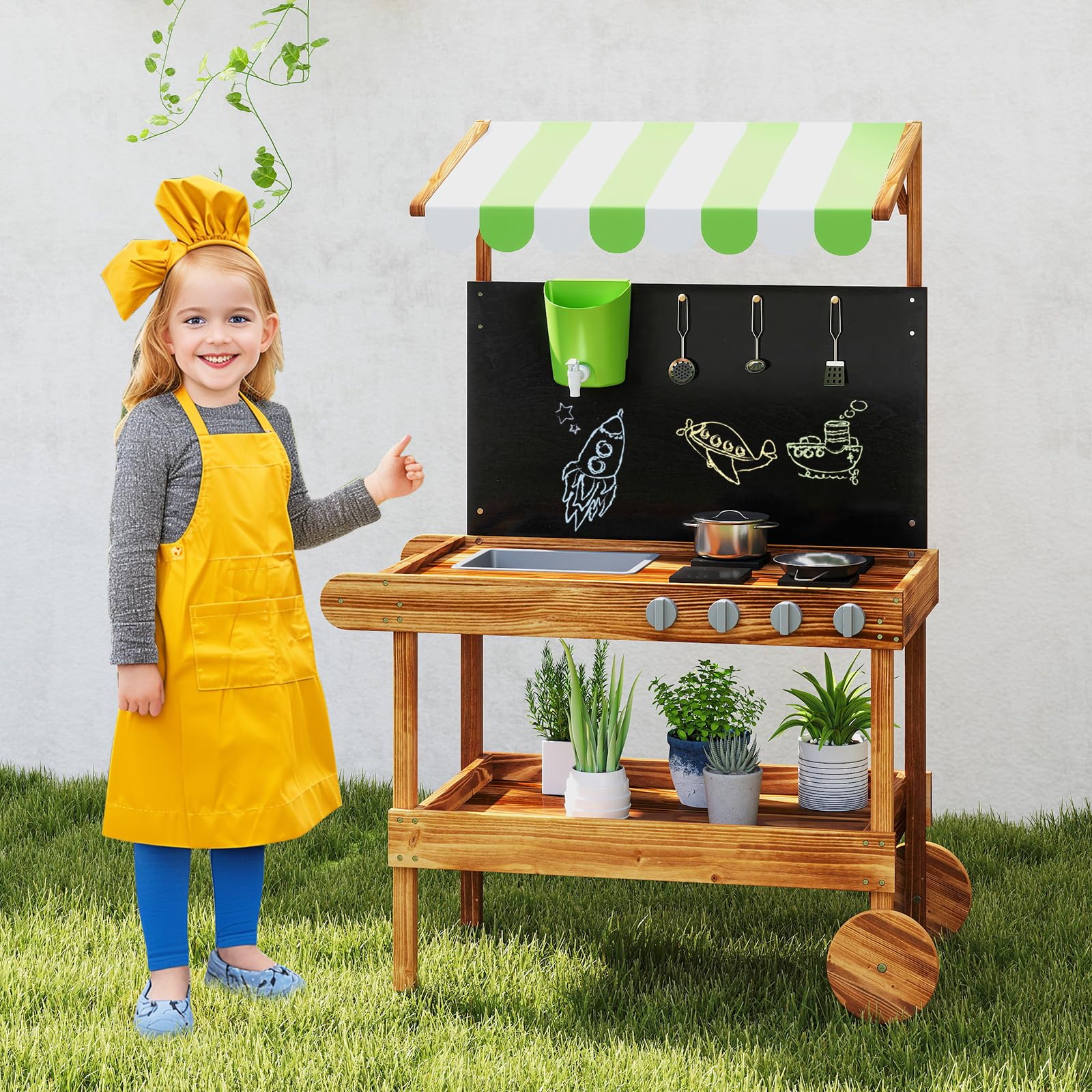 INFANS Outdoor Play Kitchen with Drawing Board Wooden Kids Kitchen Playset Gift