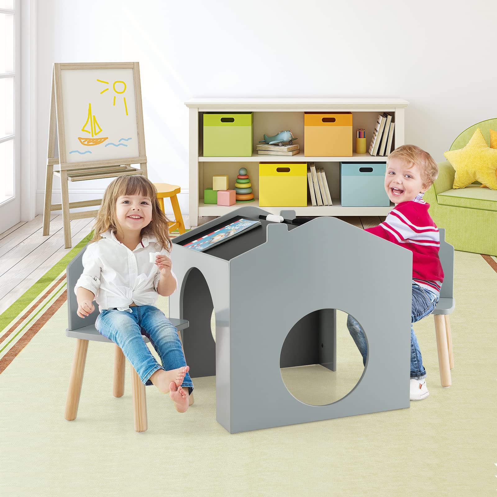 INFANS Kids Table and Chair Set, Wood Multi Activity Table with Blackboard for Toddler Playing Drawing Reading Arts Crafts