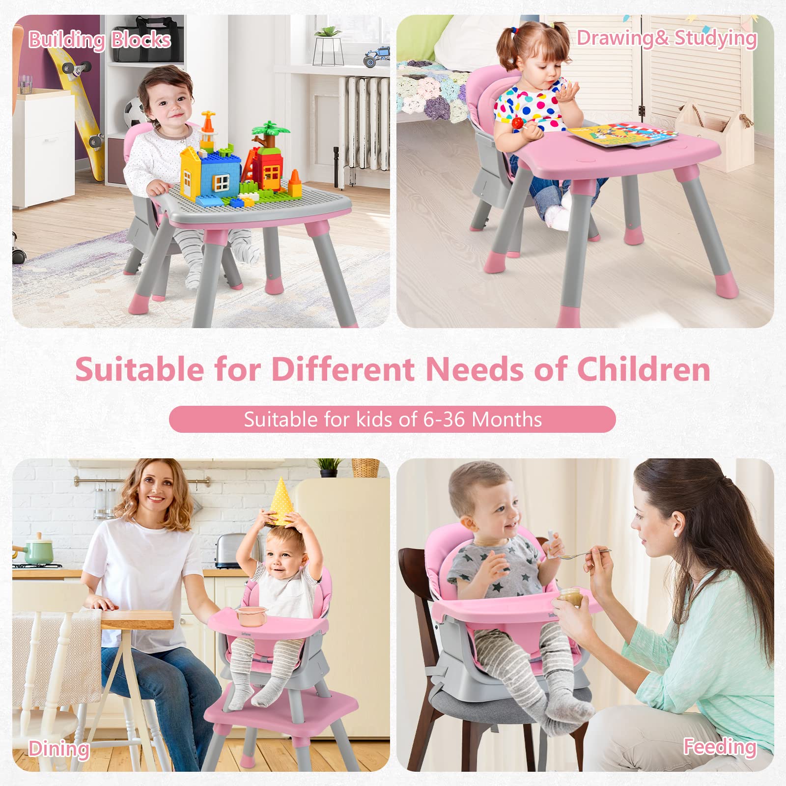 INFANS 8 in 1 Baby High Chair, Convertible Highchair for Babies and Toddlers, Infant Dining Booster Seat, Kids Stool Table Chair Set