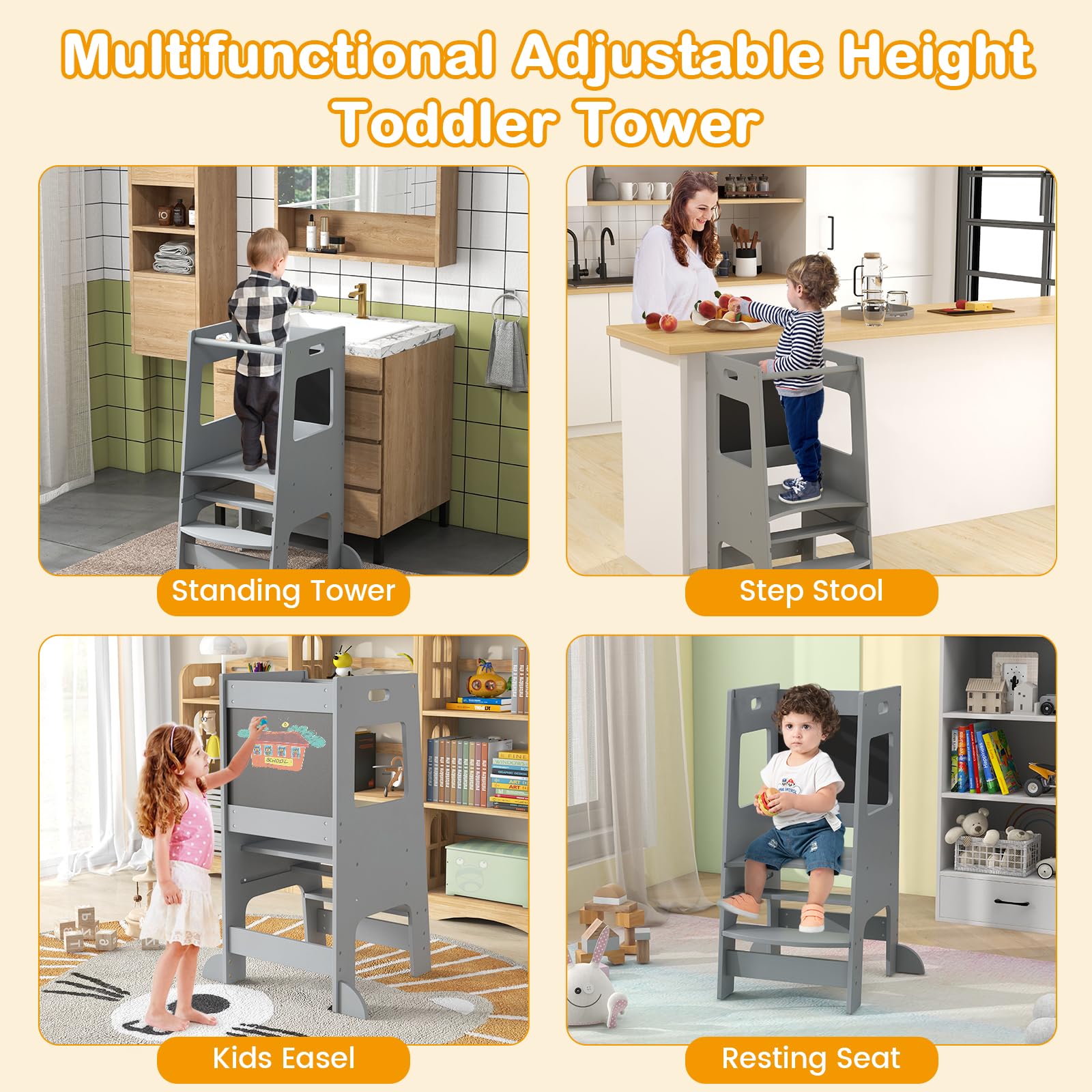INFANS Toddler Standing Tower, Kids Montessori Kitchen Step Stool Helper with 2 Adjustable Height Learning Blackboard Safety Rail