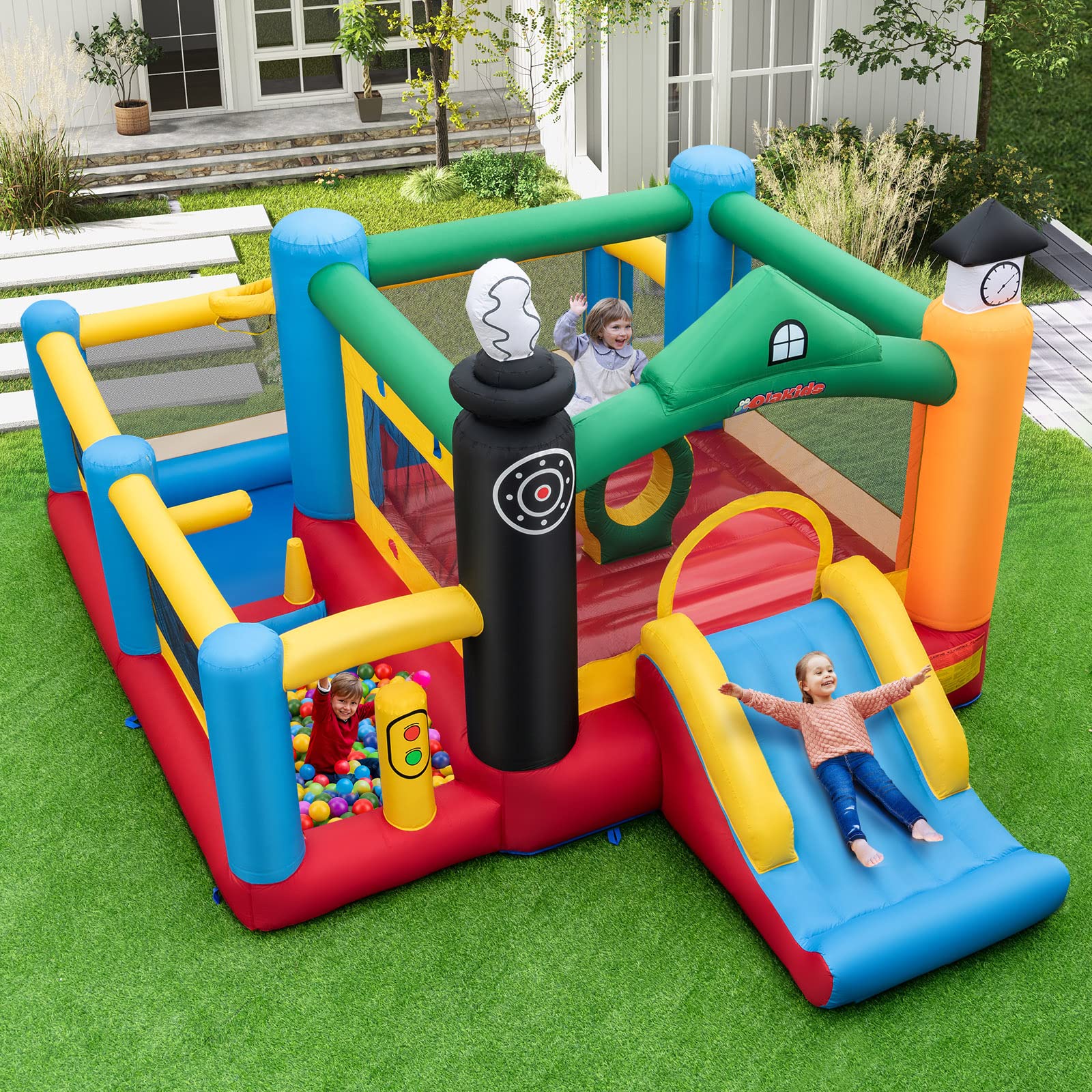 INFANS Inflatable Bounce House, Train Theme Kids Jumping Castle, Inflatable Obstacle Course with 950W Blower