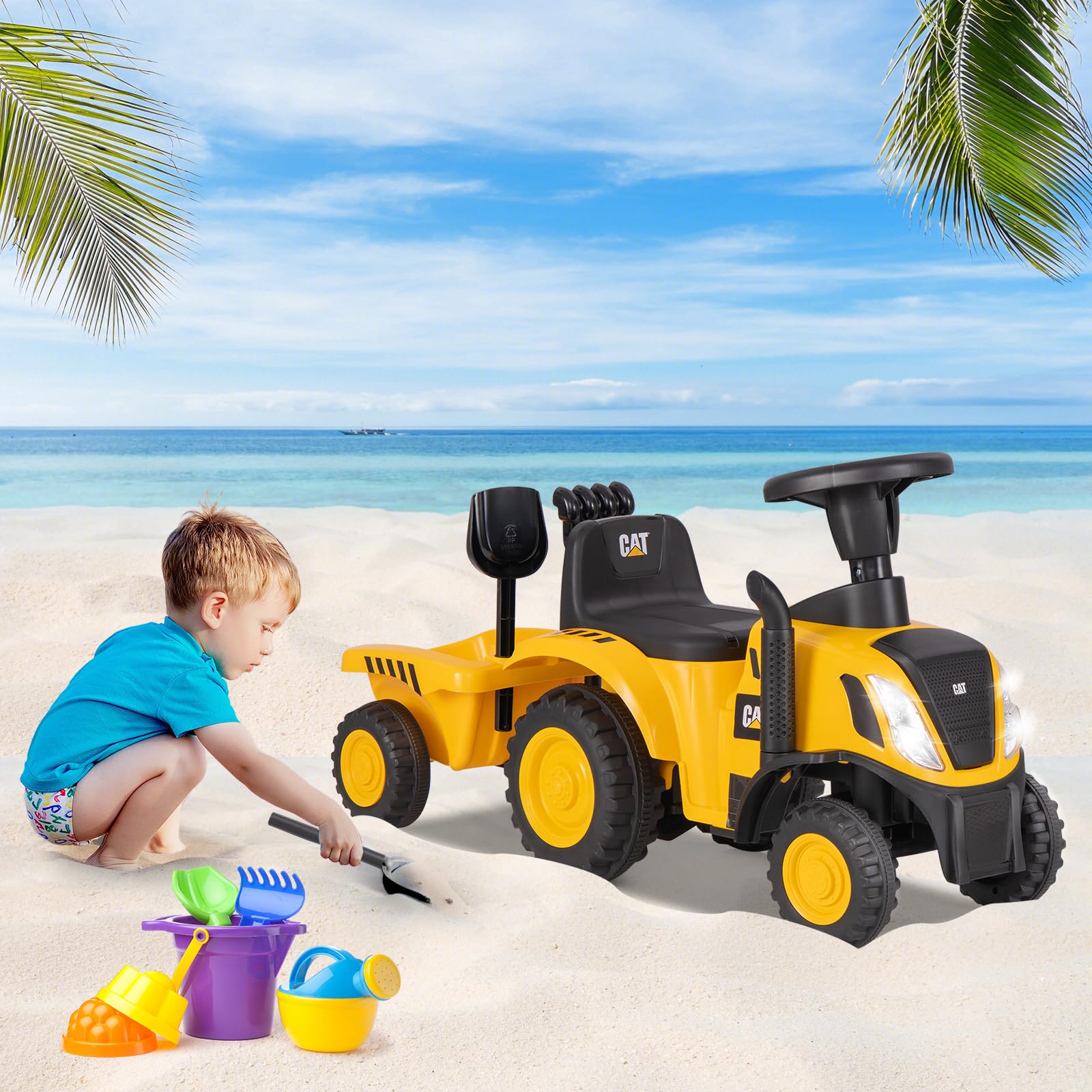 INFANS Licensed Caterpillar Ride on Tractor, Foot to Floor Sliding Truck with Detachable Trailer, Toy Walker for Kids Age 1.5-3