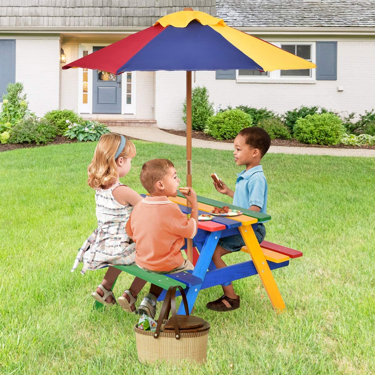 Kids Outdoor Wood Table and Chair Bench Set with Removable Umbrella