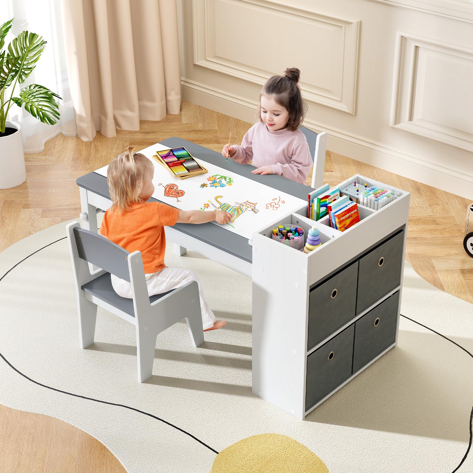 INFANS Kids Table and Chair Set, Toddler Art Craft Play Wood Activity Desk with 2 Chairs 4 Storage Canvas Bins Paper Roll
