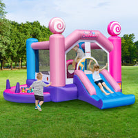 INFANS Inflatable Bounce House, Kids Candyland Pink Jumping Castle with Slide Ball Pit Basketball Rim