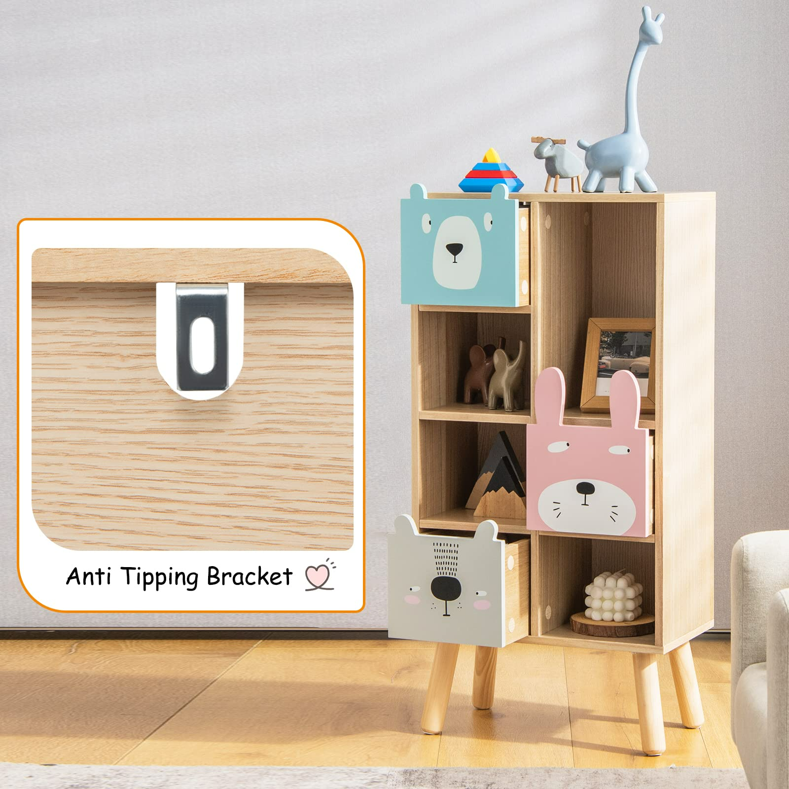 INFANS Kids Bookcase Toy Storage Organizer, Children Storage Cabinet with 3 Slide Drawers and 4 Cubes INFANS