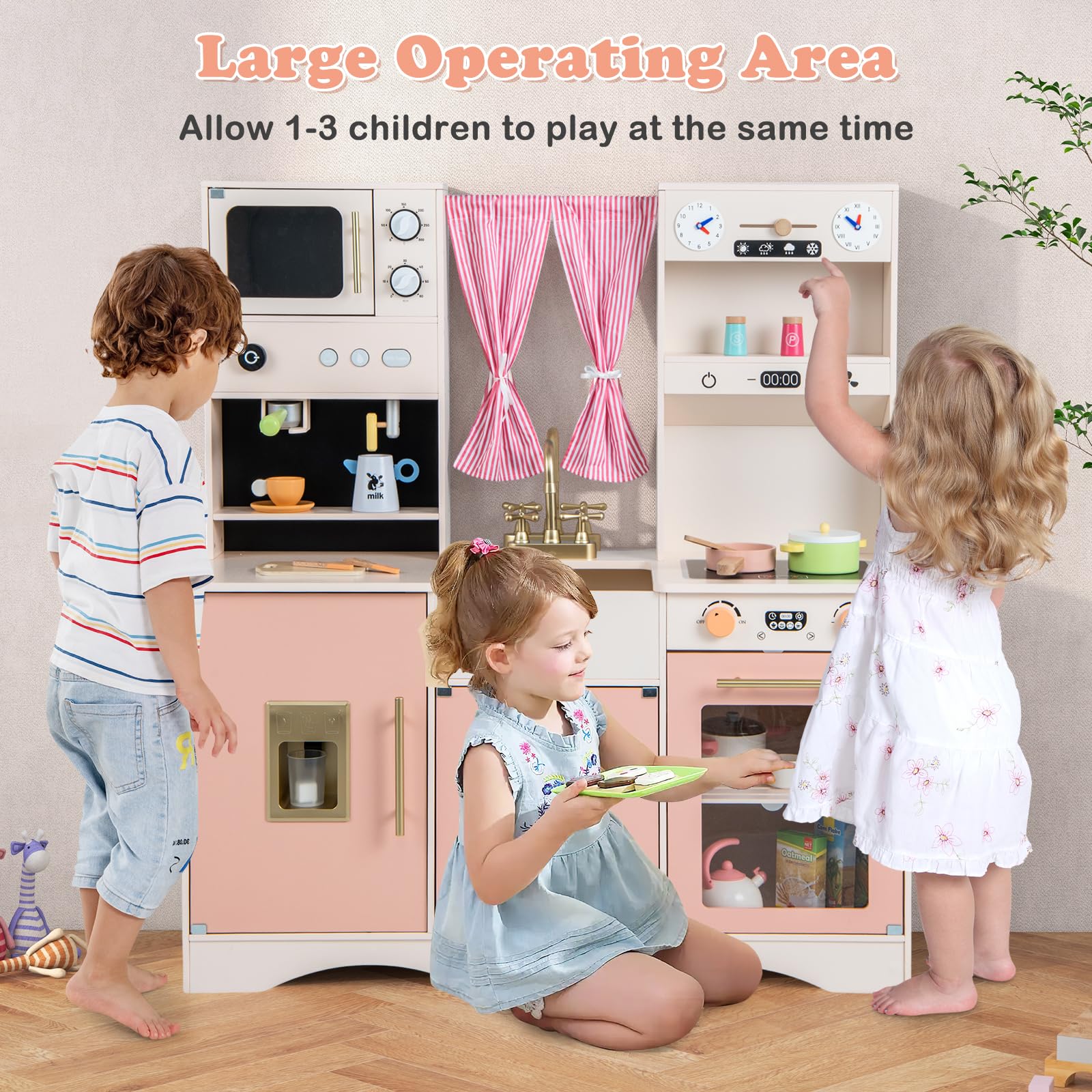 INFANS Kids Kitchen Playset Cooking Toy Kitchen Set with Coffee Machine Stove Removable Sink Microwave Storage Cabinet