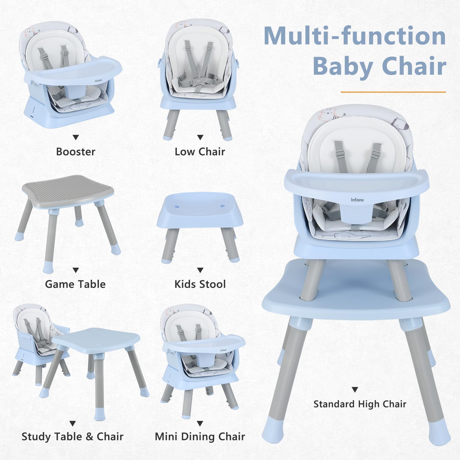 INFANS 8 in 1 Baby High Chair, Convertible Highchair for Babies and Toddlers, Infant Dining Booster Seat, Kids Stool Table Chair Set