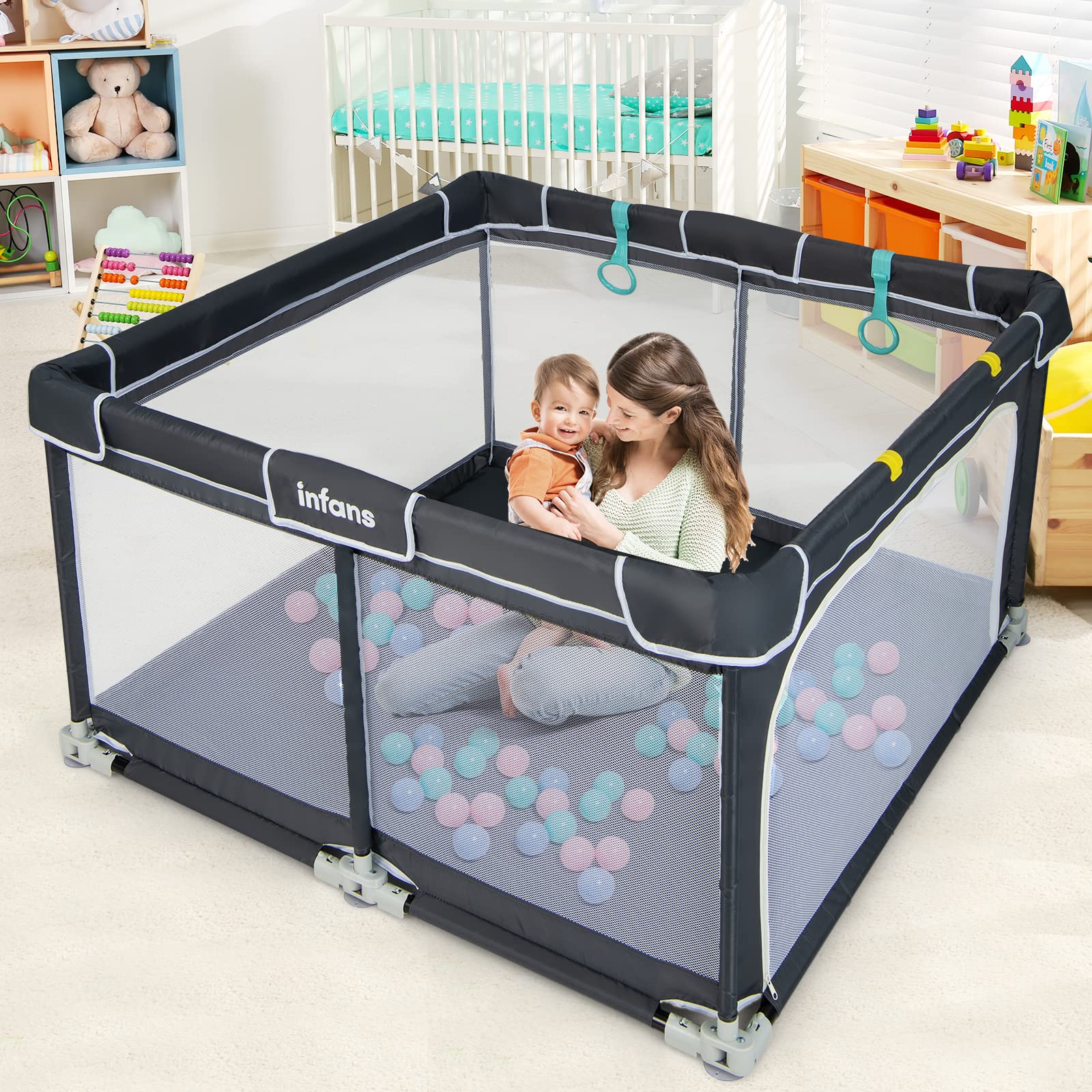 INFANS Baby Playpen, 50’’x50’’ Foldable Large Baby Playard, Indoor Outdoor Kids Activity Center Baby Fence