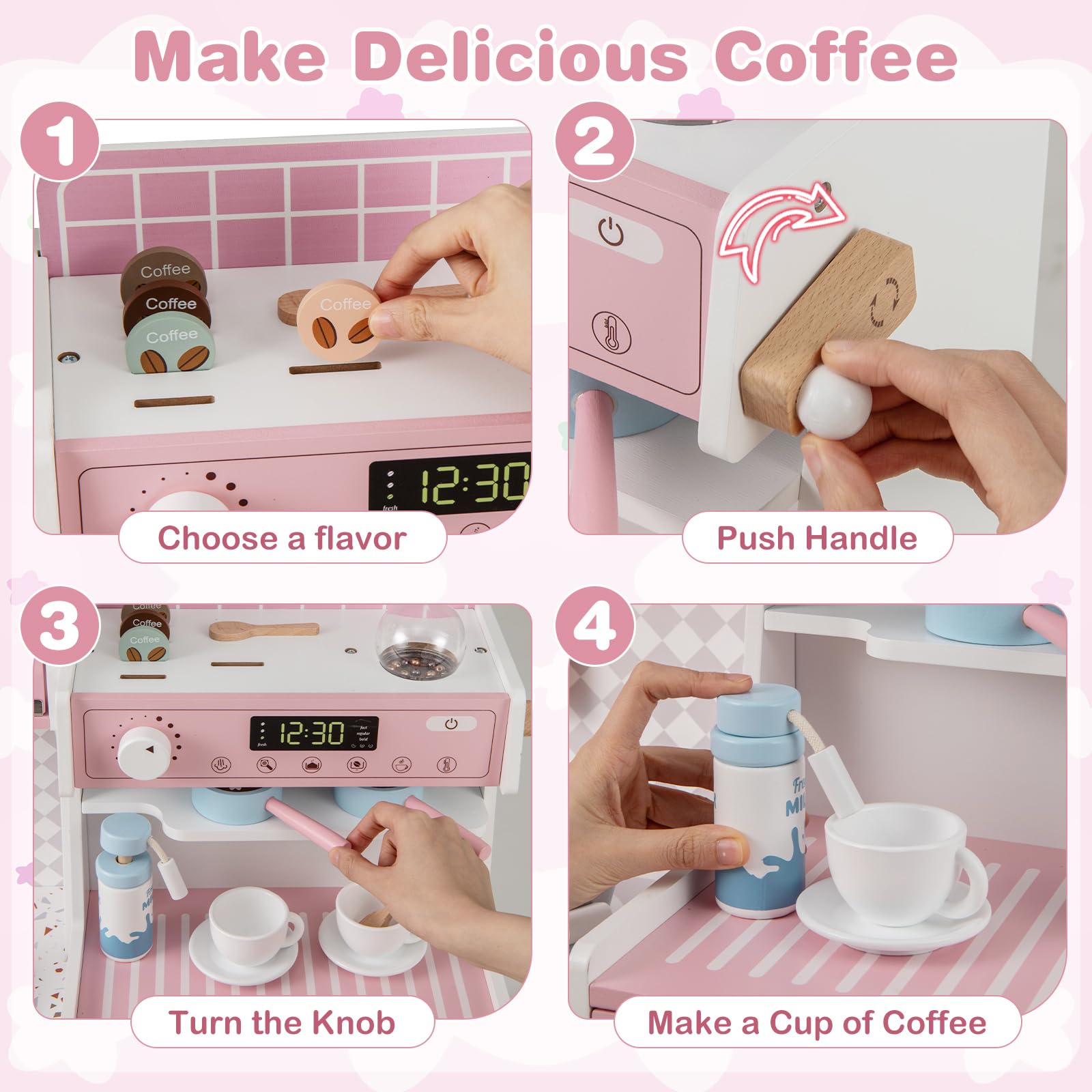 INFANS Kids Kitchen Playset, Toddler Wooden Kitchen Pretend Cooking Toy Set with Coffee Maker