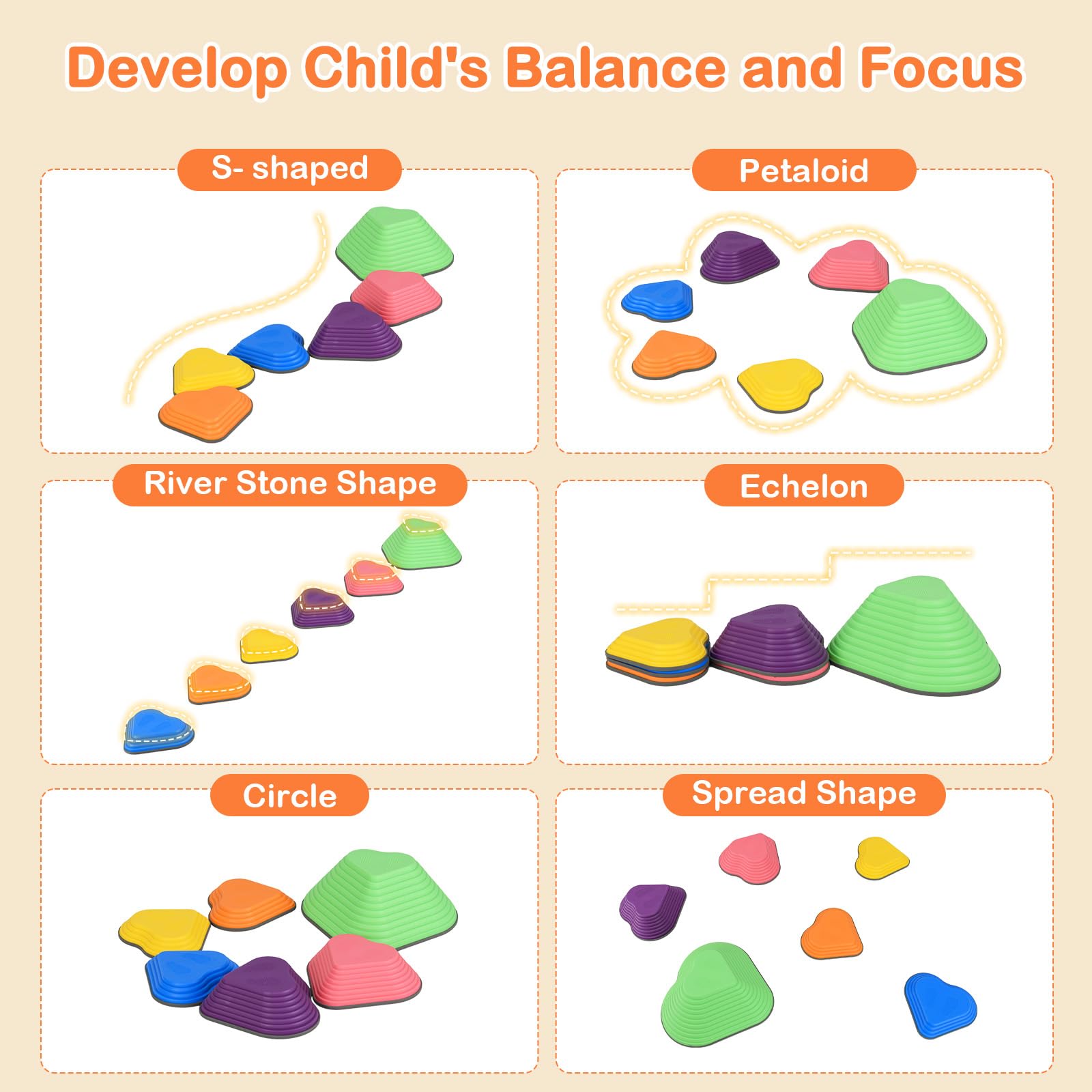 INFANS Balance Stepping Stones for Kids, 6, 11pcs Non-Slip Plastic Balance Stones, Indoor Outdoor Coordination Balance Blocks