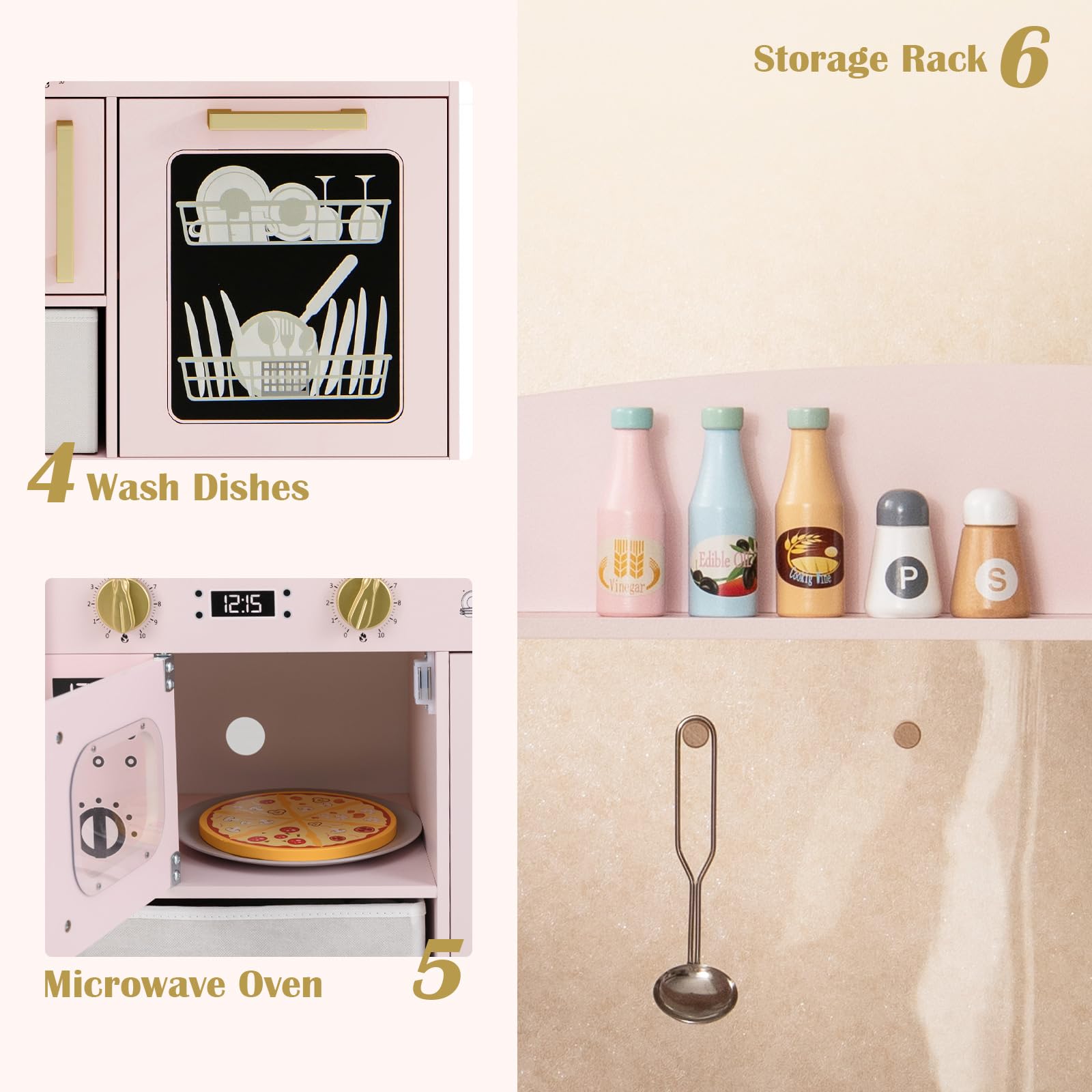 INFANS Kids Kitchen Playset, Toddler Wooden Pretend Cooking Toy Set with Acrylic Drawing Board Ice Machine Dishwasher