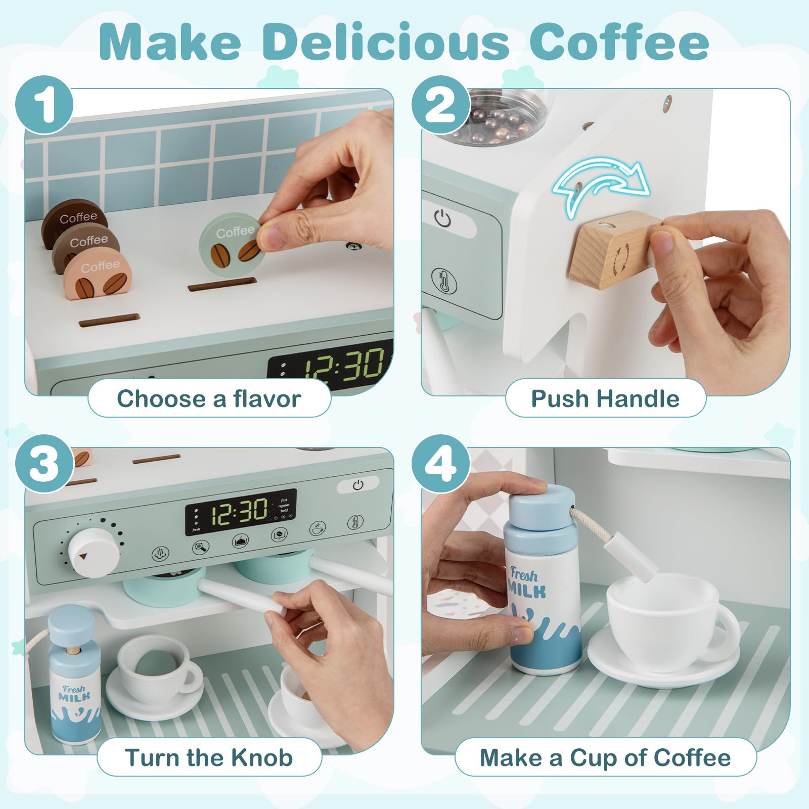 INFANS Kids Kitchen Playset, Toddler Wooden Kitchen Pretend Cooking Toy Set with Coffee Maker