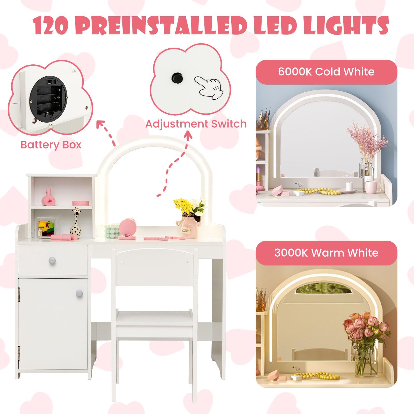 INFANS Kids Vanity, Princess Makeup Desk and Chair Set with Lights Mirror, Pretend Play Vanity Set for Toddler Girls