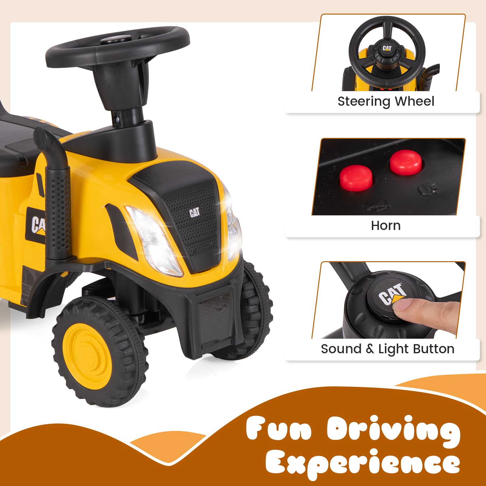 INFANS Licensed Caterpillar Ride on Tractor, Foot to Floor Sliding Truck with Detachable Trailer, Toy Walker for Kids Age 1.5-3