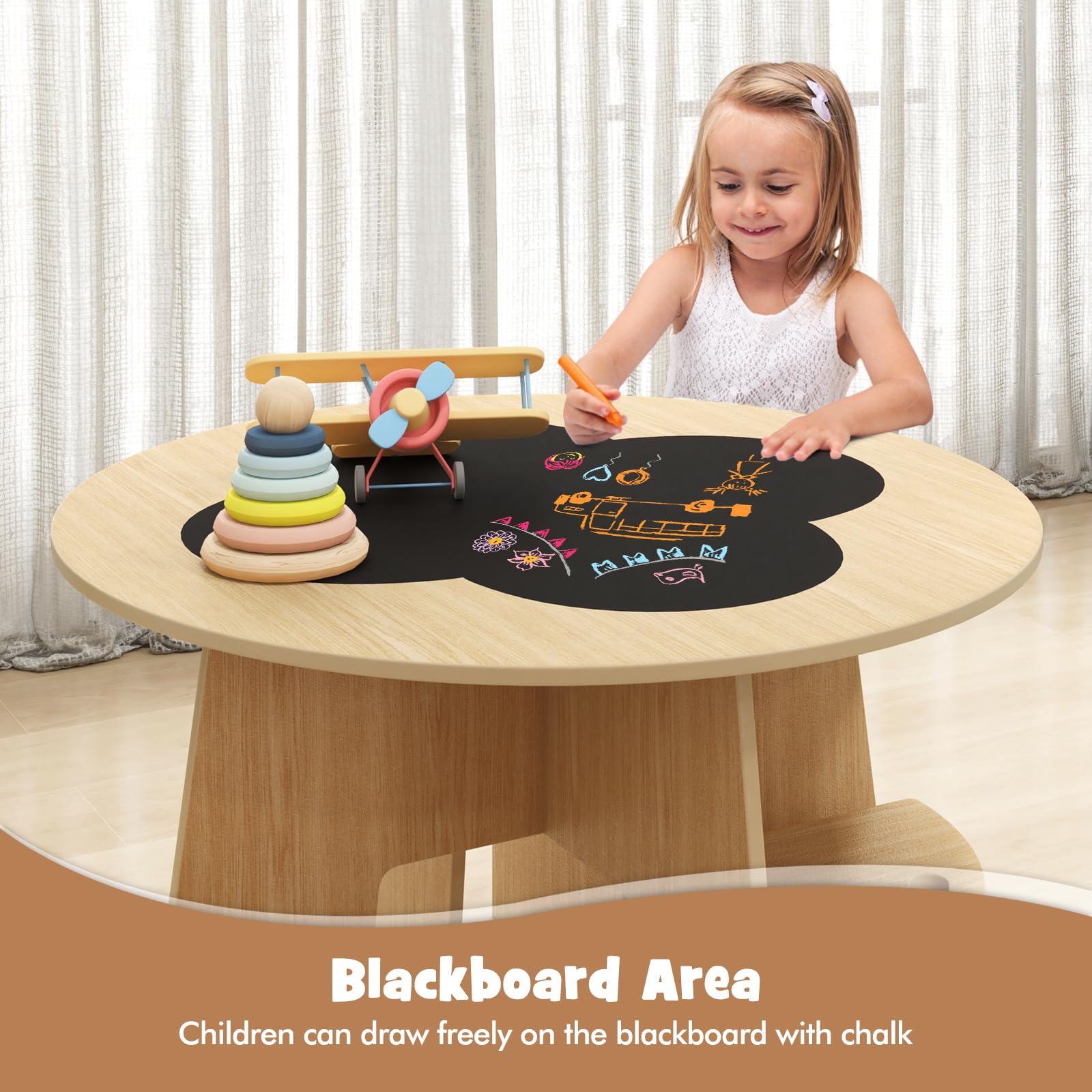 INFANS Toddler Table and Chair Set with 4 Storage Stools, Wooden Flower Shaped Nesting Table with Blackboard Drawers